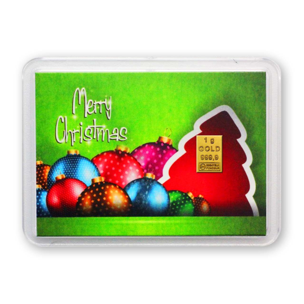 Goldschulz Grußkarten 1 Gramm Gold Motivbox / Grußkarte Merry Christmas Kugeln