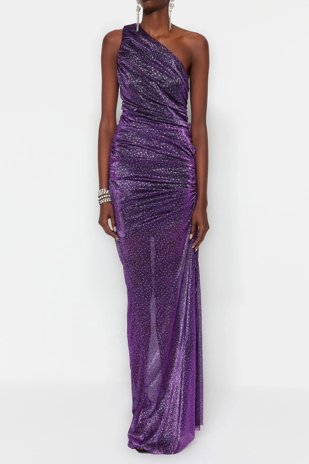 Trendyol Collection  Lila gefüttertes langes Abendkleid aus Strick mit Glitzer TPRSS23AE00145