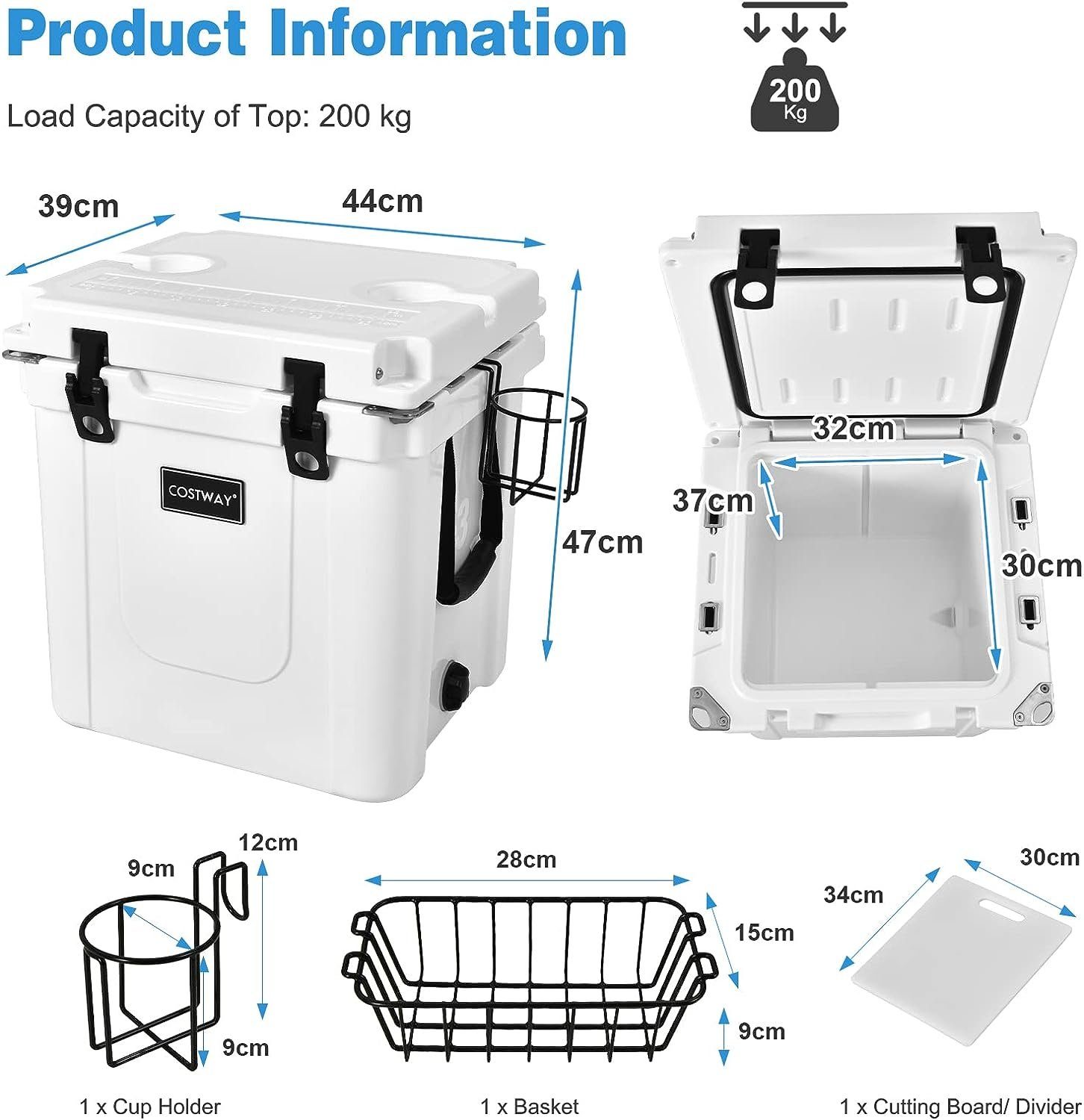 KOMFOTTEU Kühlbox 31L, mit Becherhalter, Trennwand & Korb