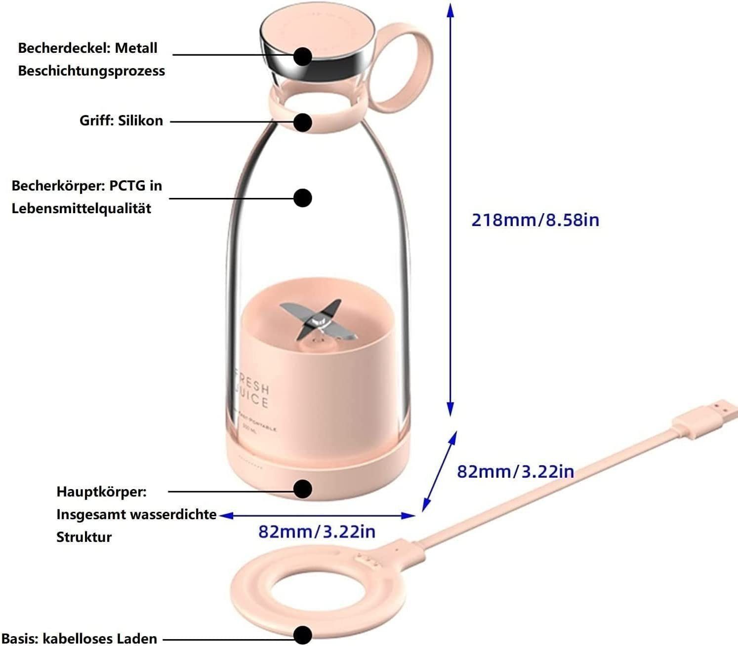 Blusmart Akku-Smoothie-Maker 420ml Mini-Mixer, frischer Saft, kleiner Mixer USB, Doppelklicken Sie, um den tragbaren kleinen Saftbecher zu öffnen