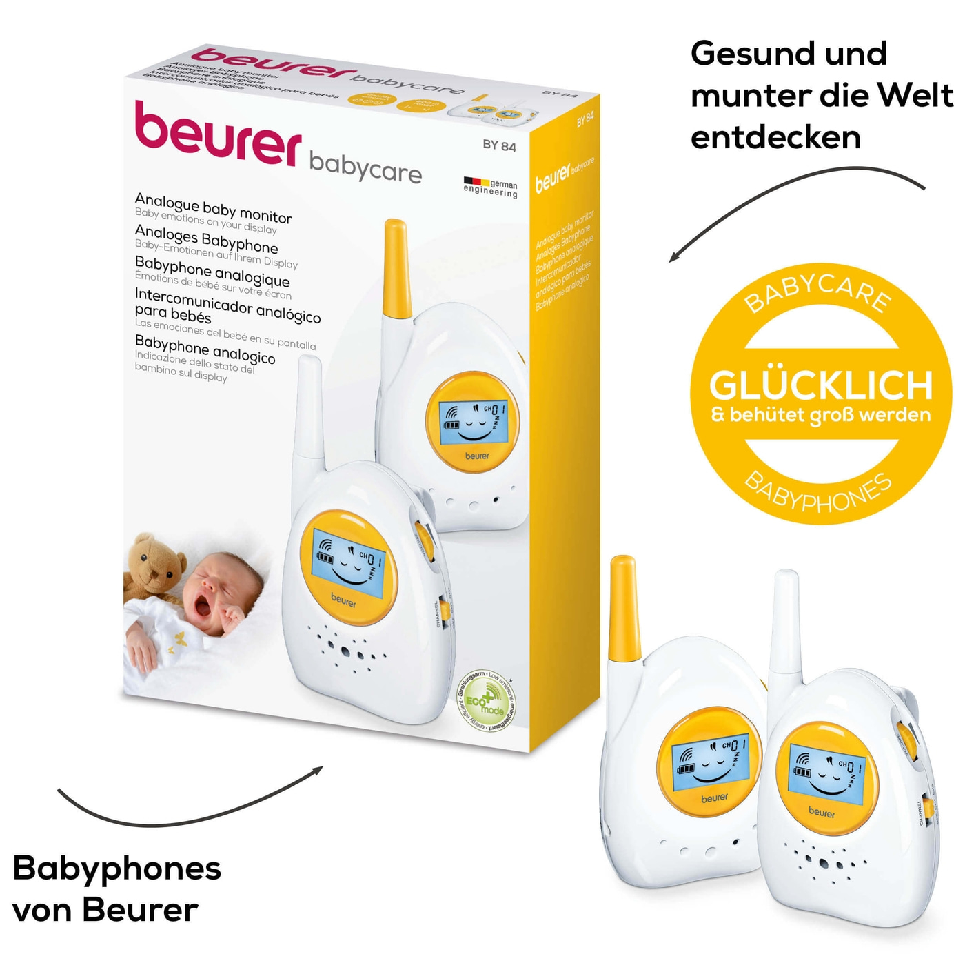 Beurer Analoges Babyphone BY 84-Raumüberwachungsgerät mit hoher Reichweite von 800 m