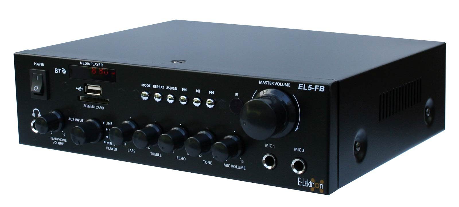 E-Lektron EL2-BT Audioverstärker (Anzahl Kanäle: 2, 25,00 W, Class-D, FM-Radio, Bluetooth-Empfänger, USB/SD, Karaoke-fähig)