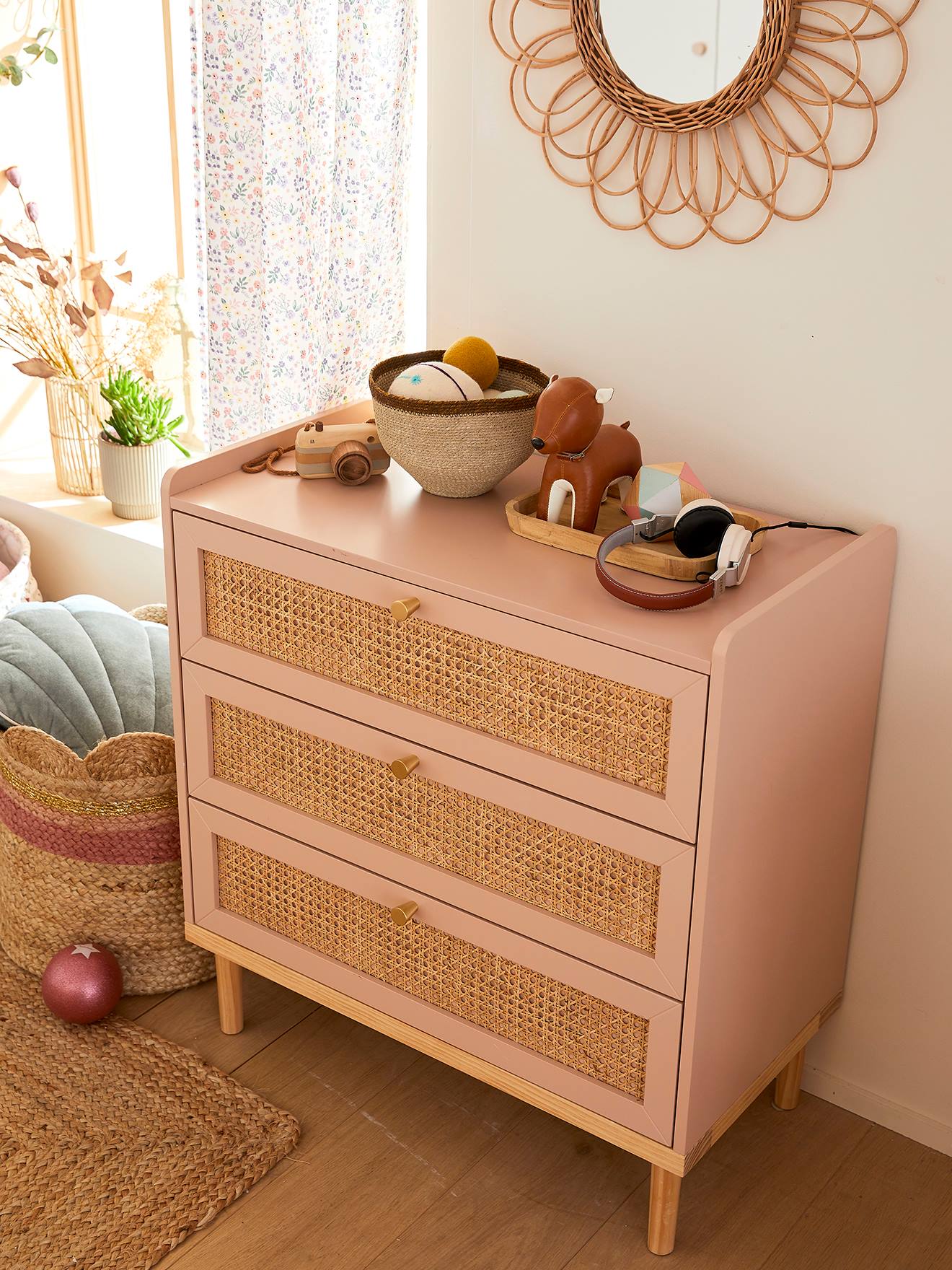 Vertbaudet Kinderzimmer Kommode mit Rattan POESIE - rosa/natur