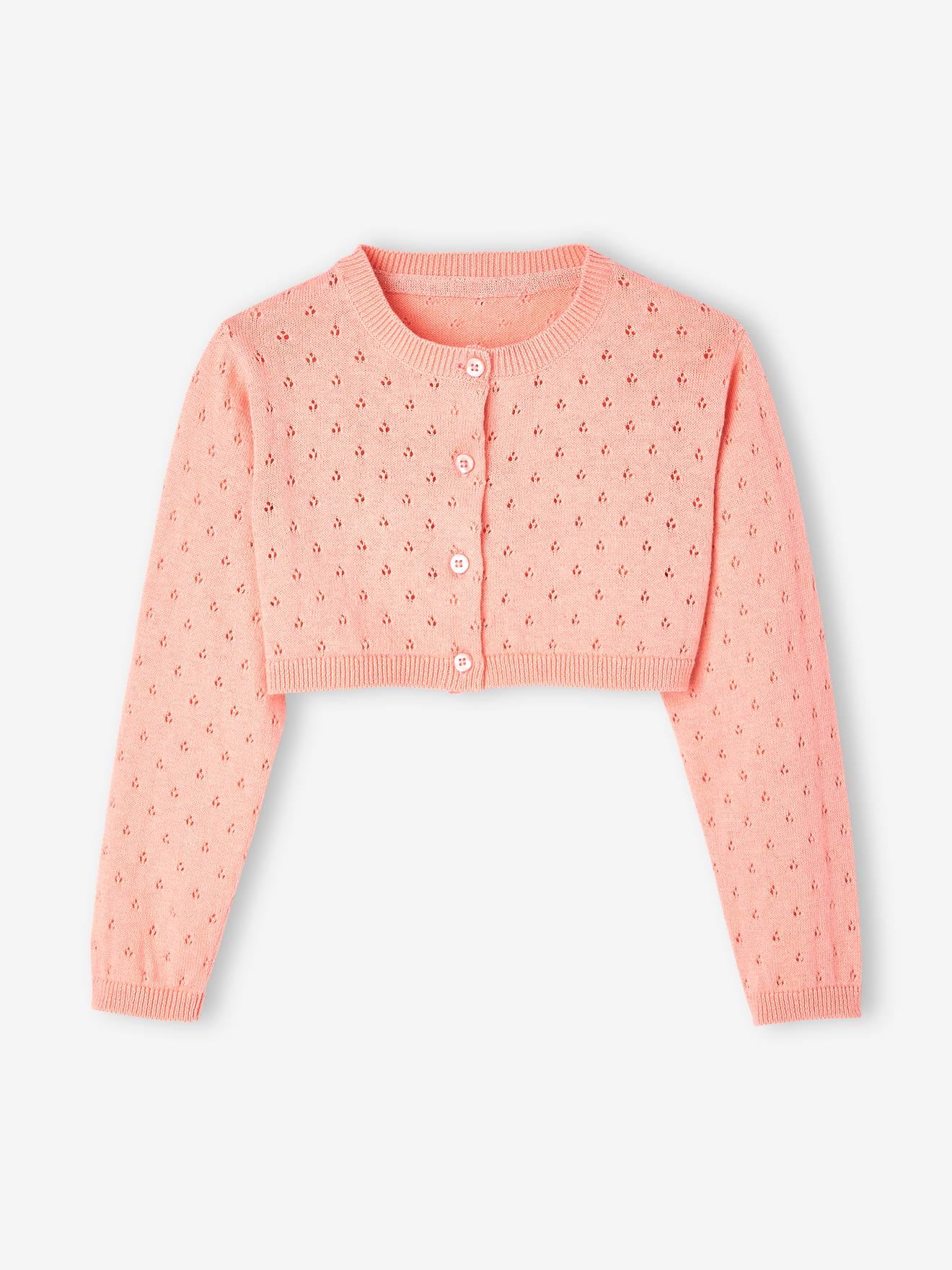 Gilet boléro en maille pointelle fille corail