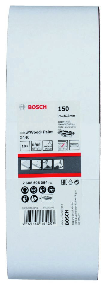 Bosch Blue Zubehör 2608606084 2607606084 Schleifband 75 x 533 mm K150 Ideal für Holz und Lack 10 Stück