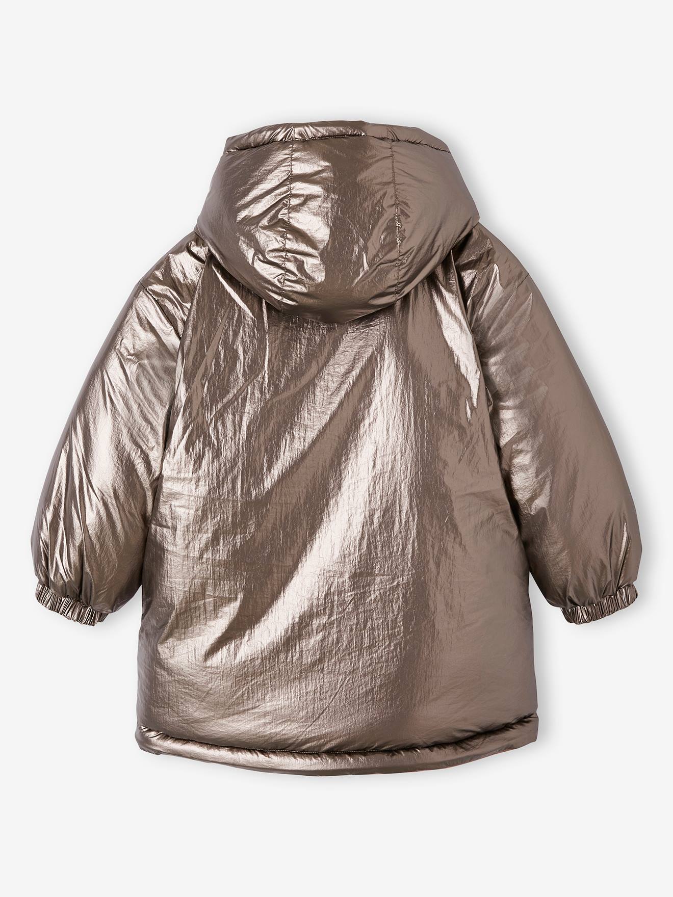 Parka à capuche réversible effet métallisé ou doudoune fille argent