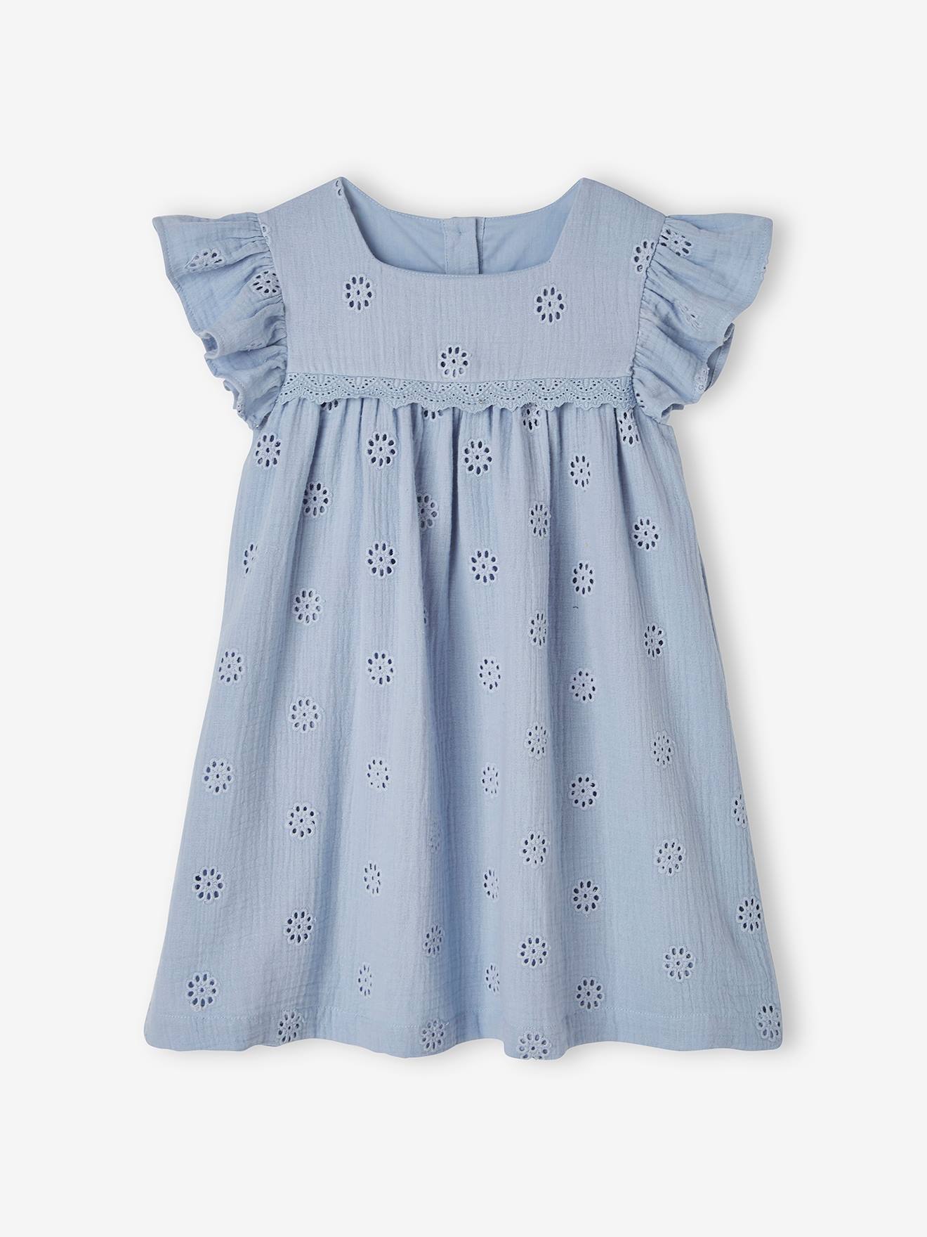 Robe en gaze de coton brodée fleurs fille rose poudré
