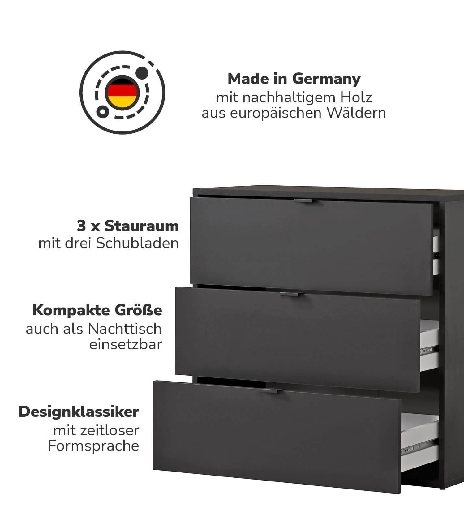 mokebo Sideboard Die Maßgebende (mit 3 Schubladen), Nachttisch, Highboard, Anrichte oder Kommode in Anthrazit
