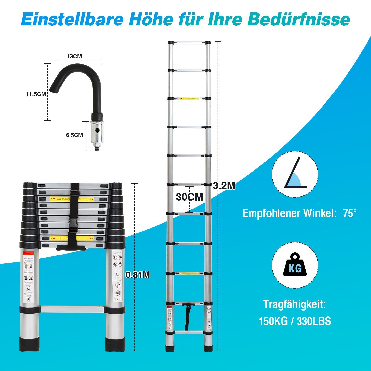 Lospitch Teleskopleiter Teleskopleiter Alu 3.2m Ausziehleiter Anlegeleiter mit haken Silber