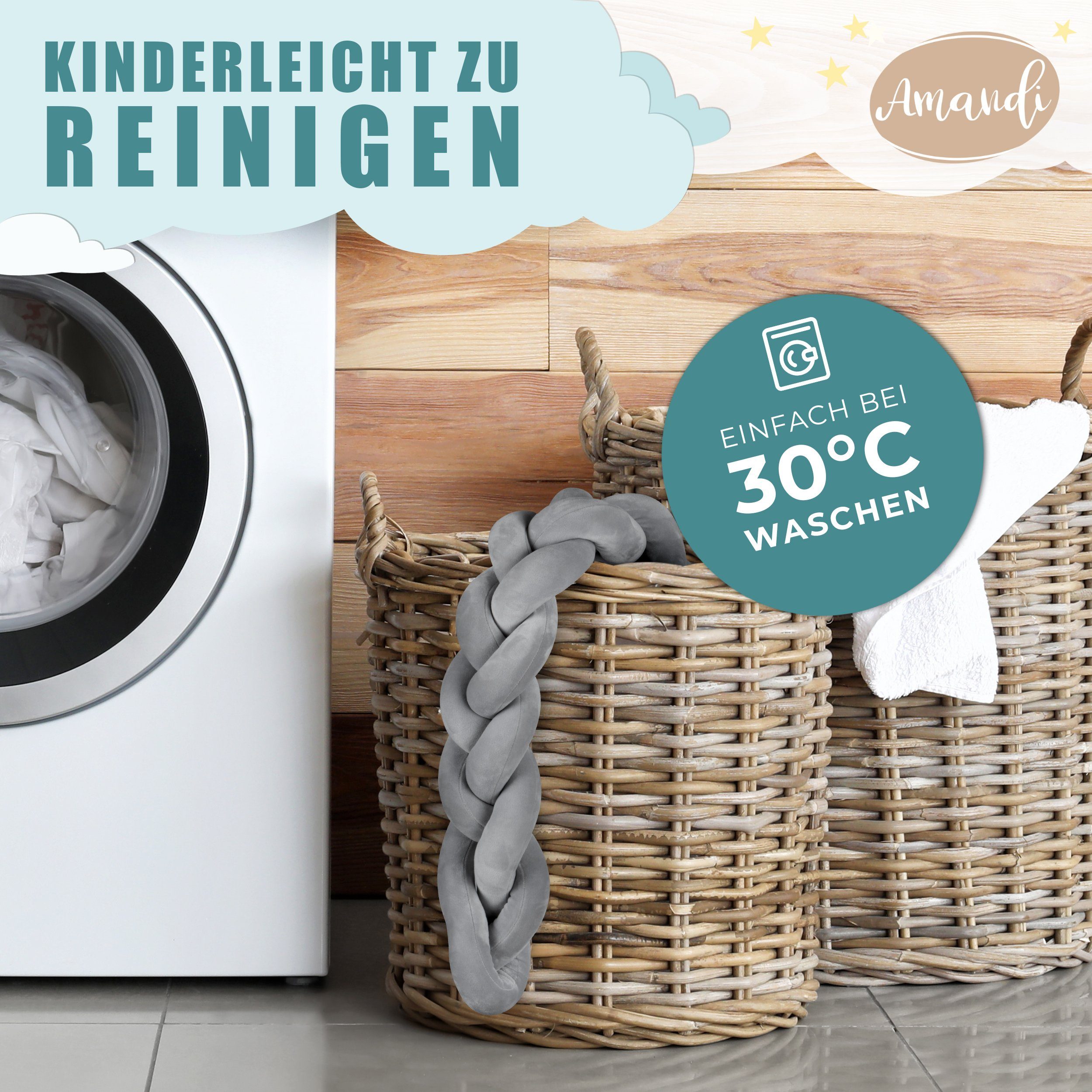 Amandi Bettnestchen Amandi Bettschlange – Bettumrandung Babybett – Länge 2m – Nestchen, Laborgepürft, Ideal waschbar, Antiallergisch, Hautfreundlich