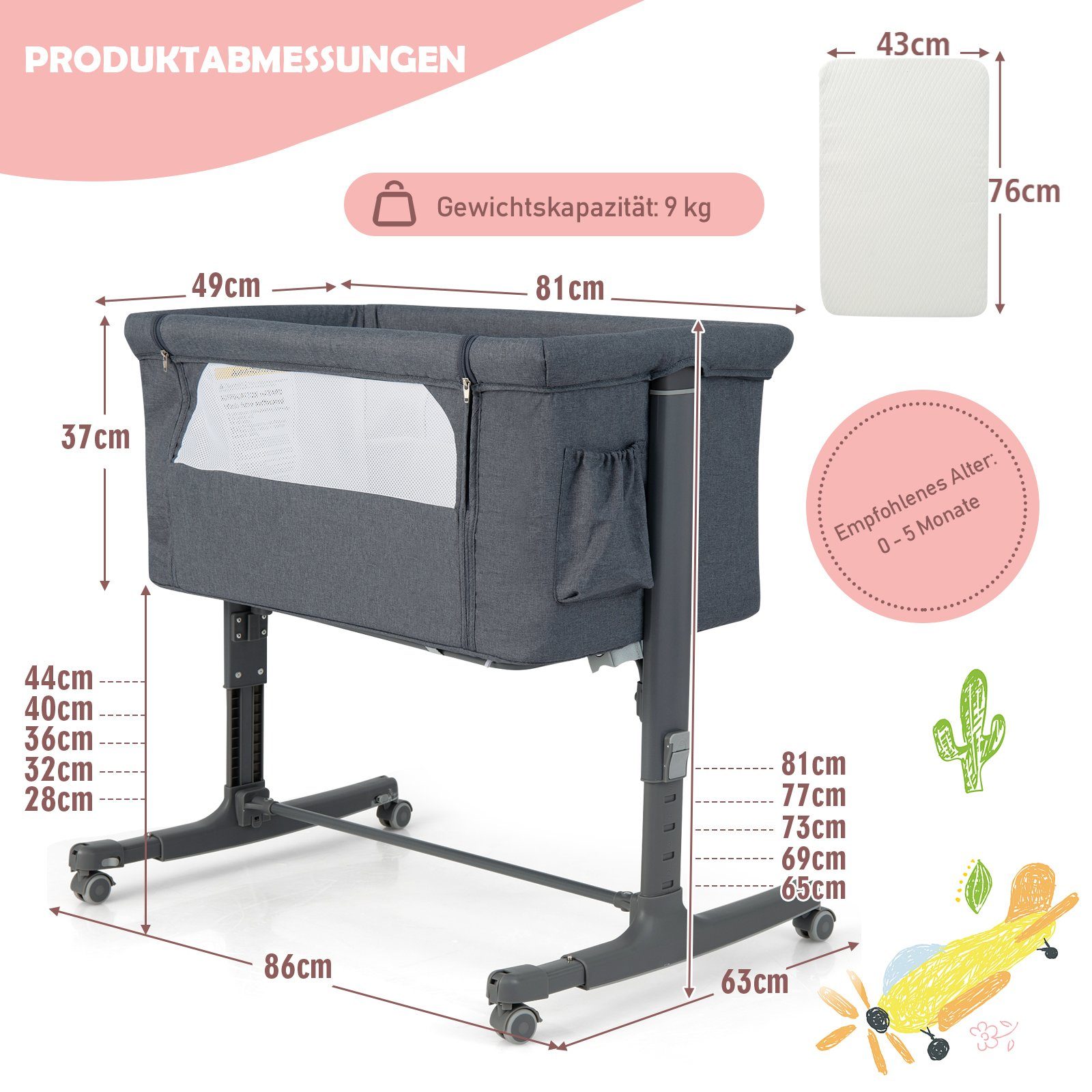 COSTWAY Beistellbett 3 in 1 Reisebett, 5-stufig höhenverstellbar,Matratze