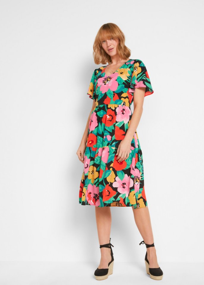 Bedrucktes Midi-Viskosekleid mit V-Ausschnitt