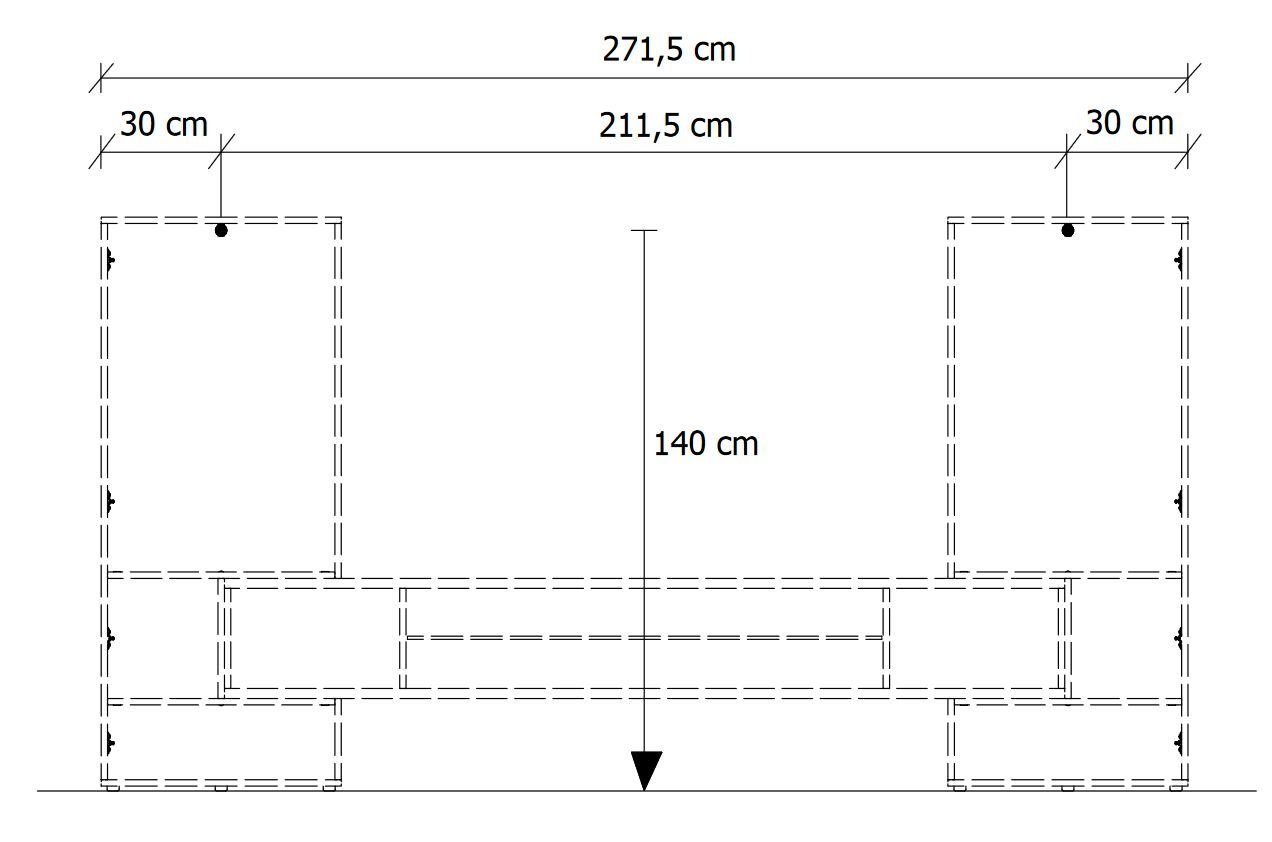 möbelando Wohnwand Akka, Moderne Wohnwand aus Spanplatte in weiß-Hochglanz und Schiefer Nachbildung bestehend aus, TV-Hängelowboard mit 2 Türen und 2 Schränke mit je 1 Tür dahinter 3 Böden. Breite 271,6 cm, Höhe 143 cm, Tiefe 46 cm.