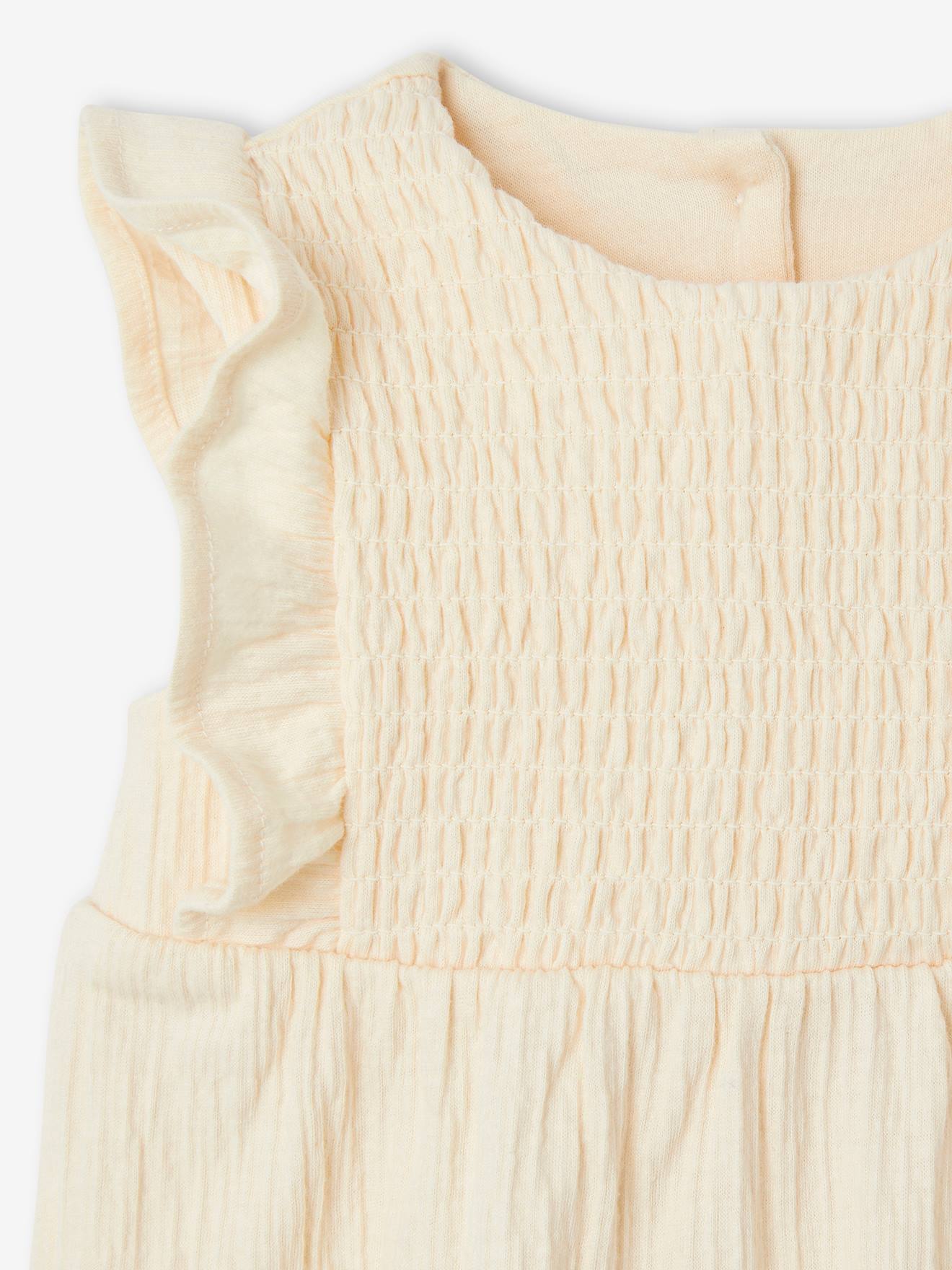 Vertbaudet Mädchen Baby Kurzoverall, Smokdetails und Volants - vanille