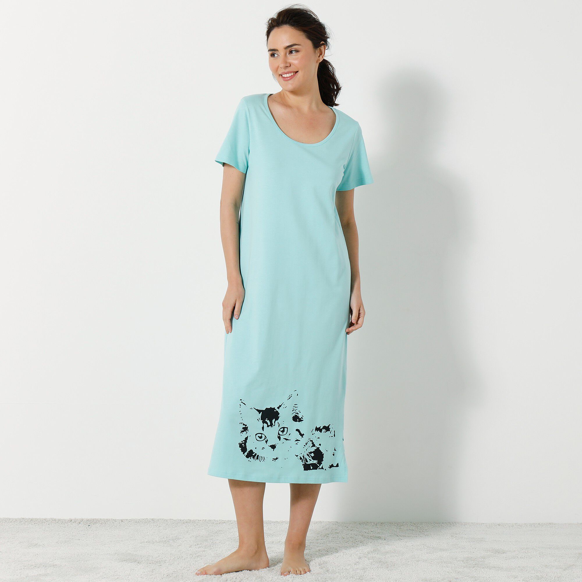 Chemise de nuit longue imprimé chat