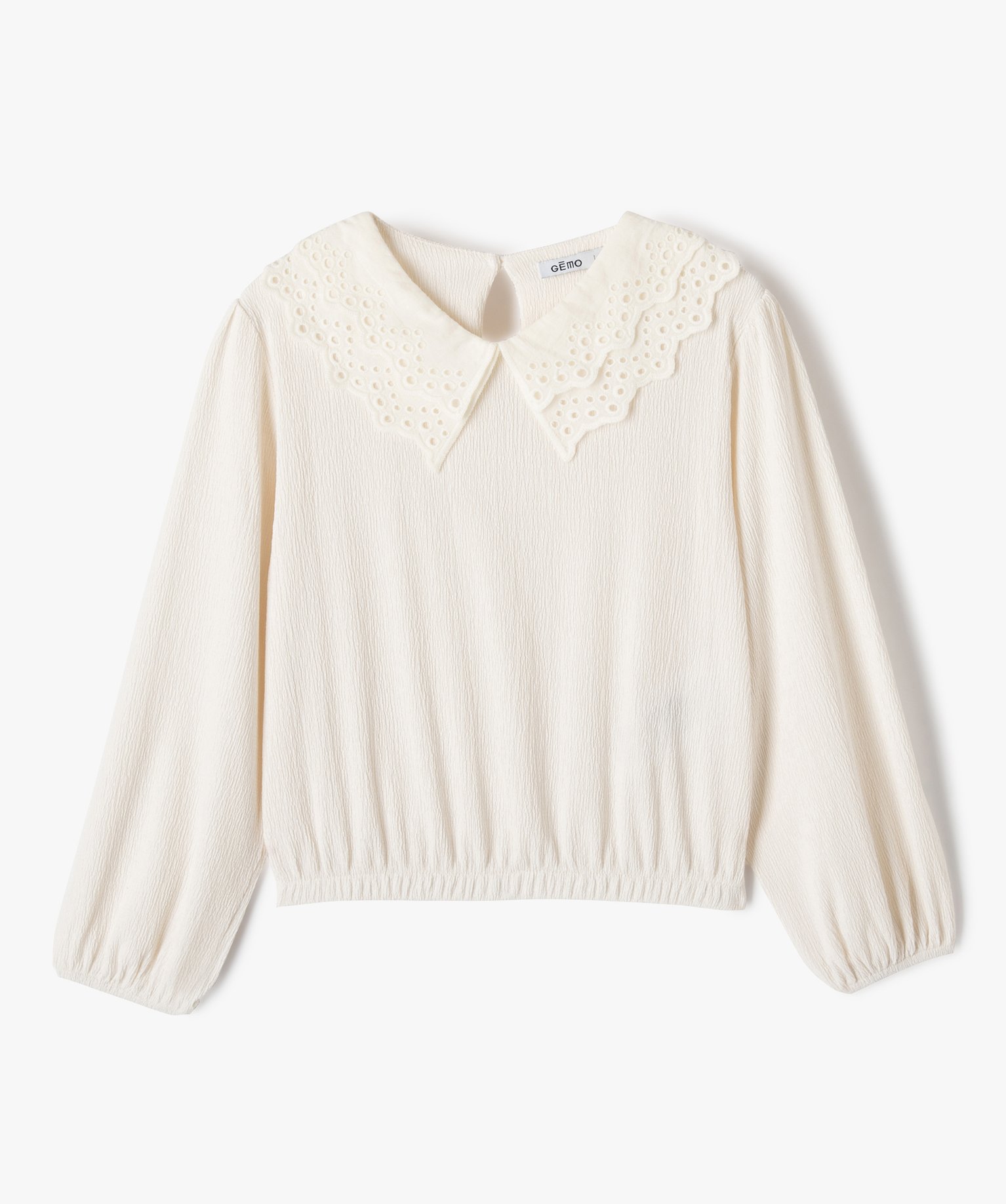 Blouse à manches longues avec col brodé fille ecru | GEMO