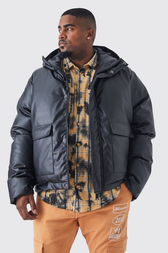 Plus kastige PU-Steppjacke mit Taschen