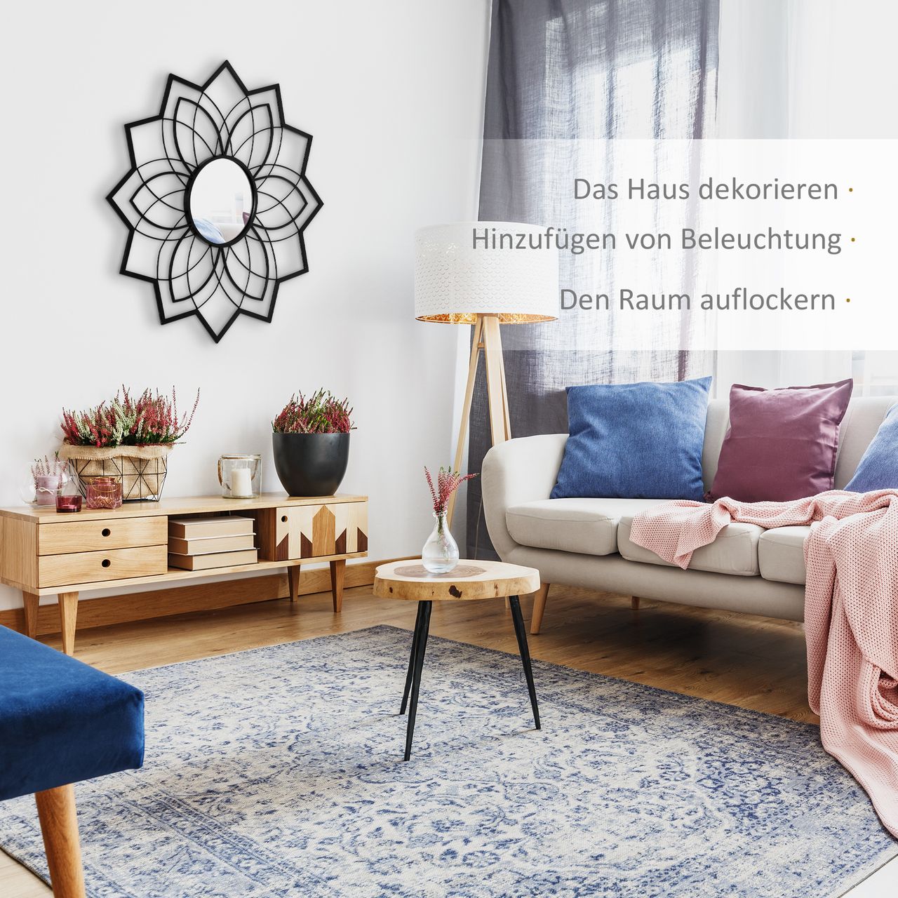 HOMCOM Wandspiegel Wohnzimmerspiegel Ø79 cm Rundspiegel mit Metallrahmen Dekospiegel mit Floralen Mustern Spiegelglas Flurspiegel für Schlafzimmer Elegant Schwarz