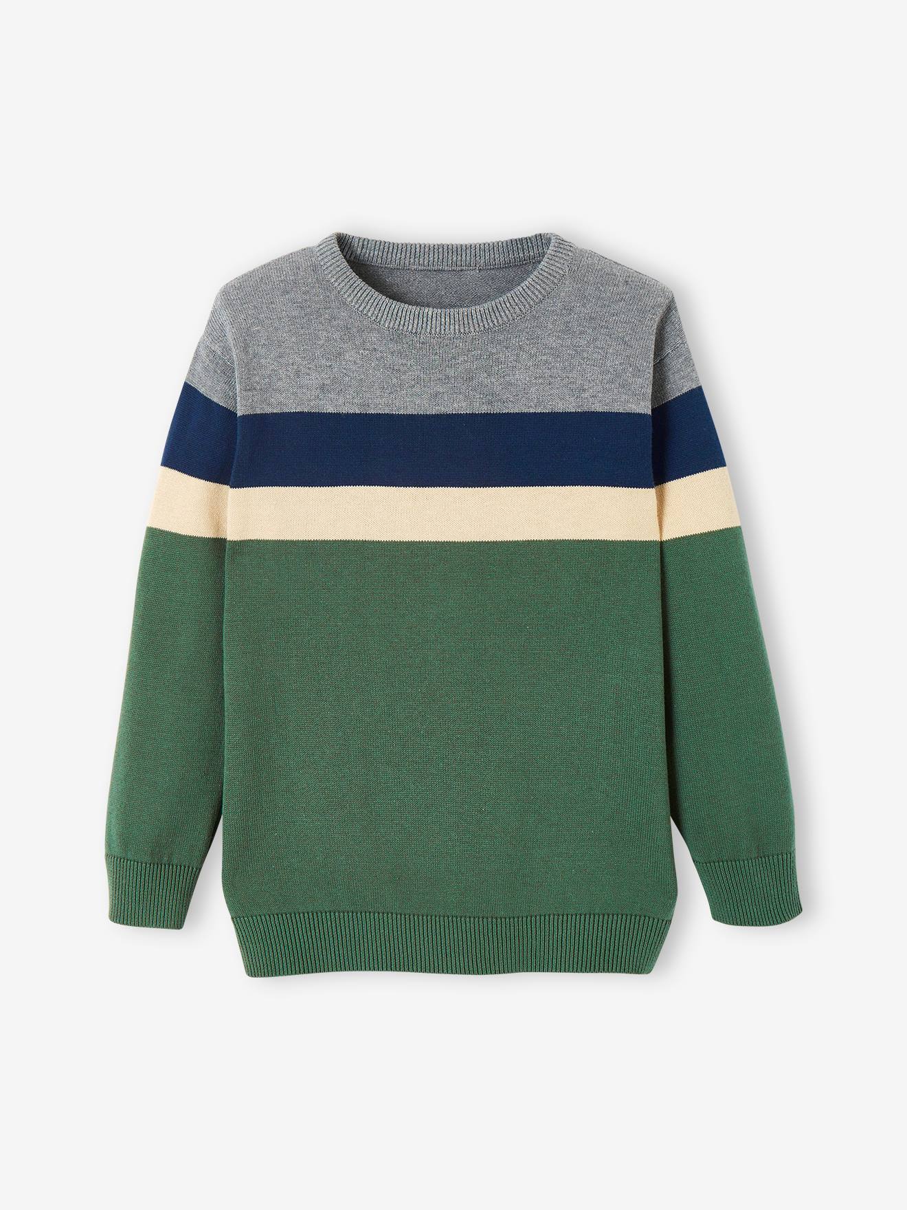 Pull colorblock rayé garçon maille fine raye vert