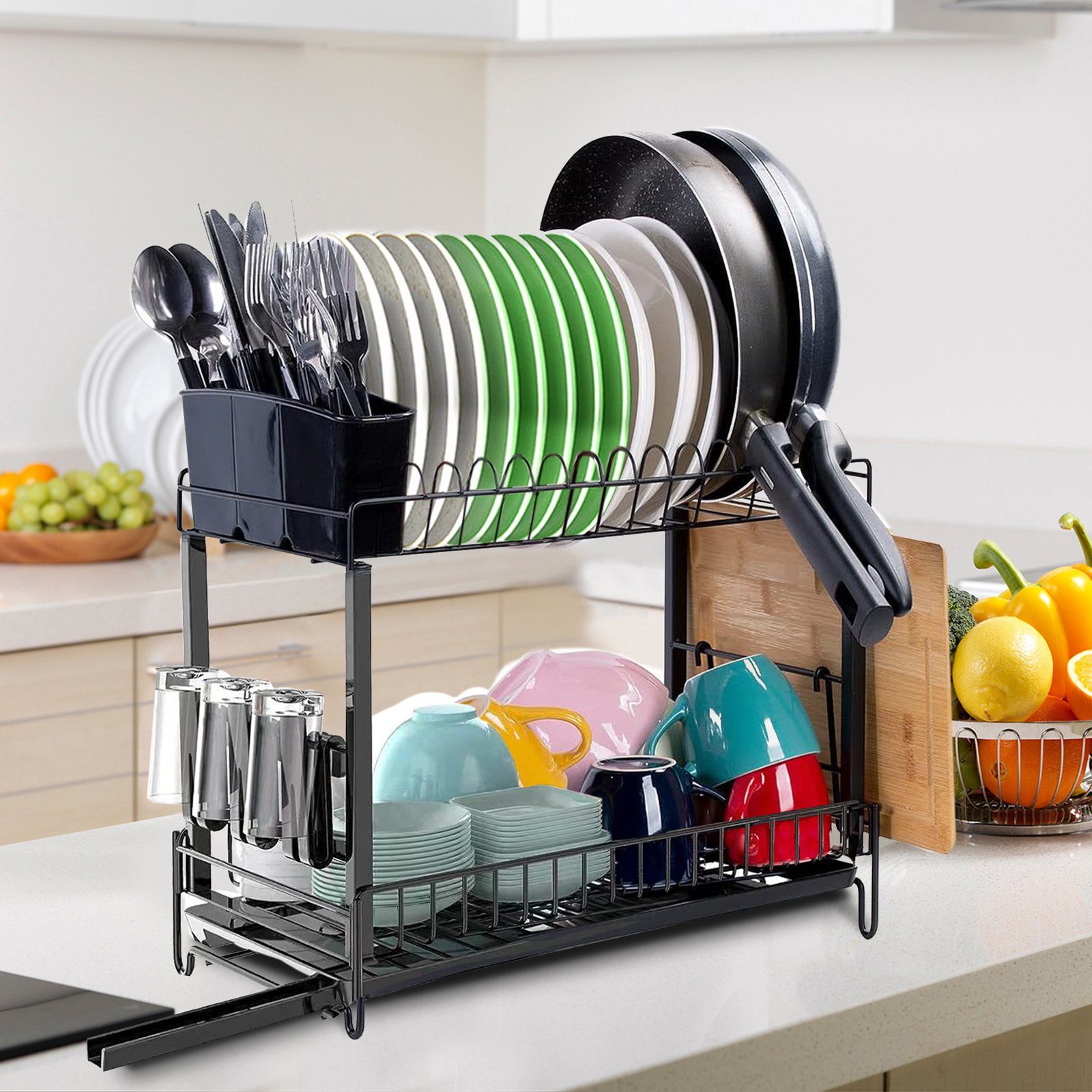 CALIYO Geschirrständer Abtropfgestell Geschirr, 2-stufiges Geschirrabtropfgestell Edelstahl, Geschirr Abtropfständer Abtropfgitter, Dish Drying Rack Drainer