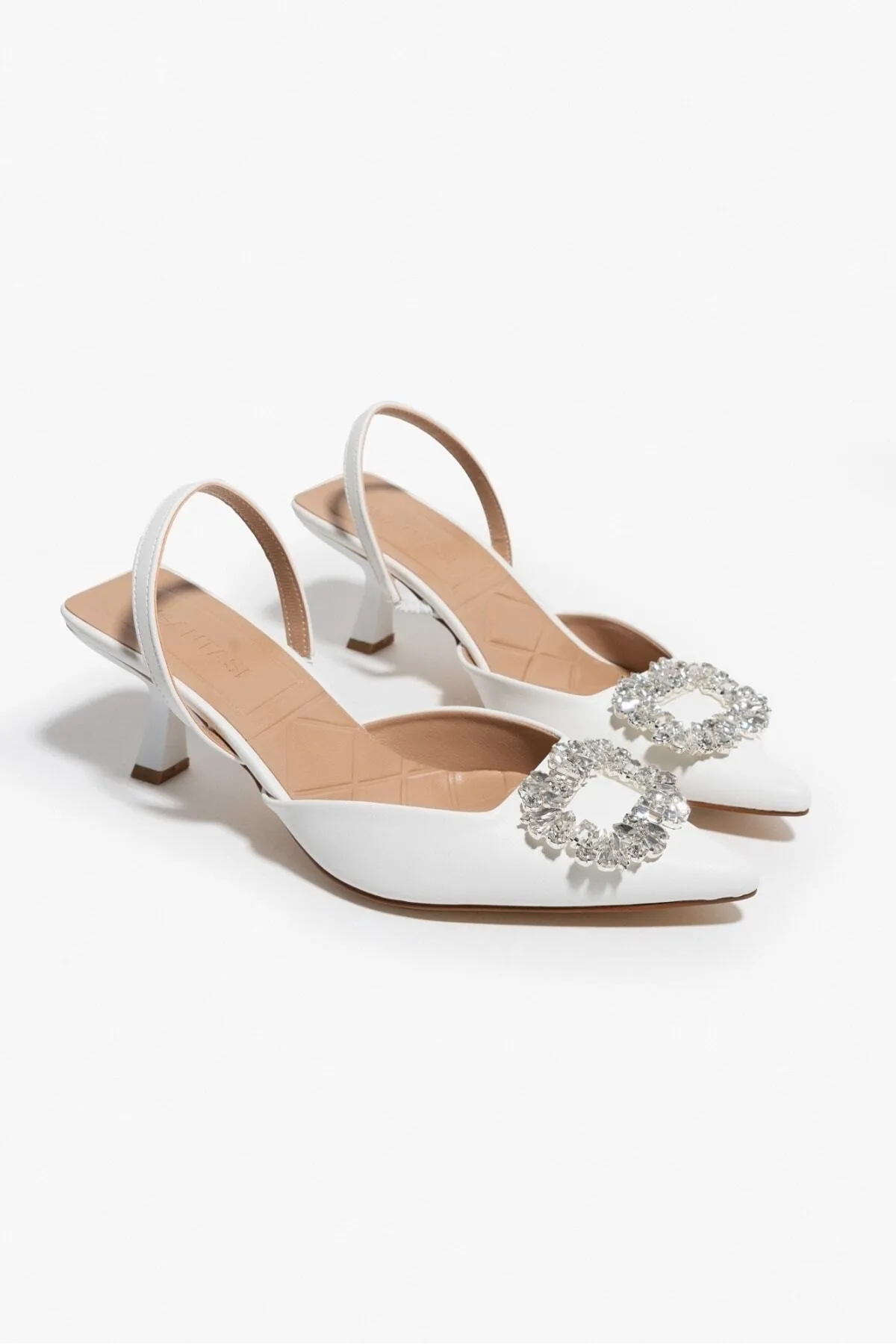 NİŞANTAŞI SHOES  Penny White Matte Stone Detail Pointed Toe Damen-Schuhe mit Absatz