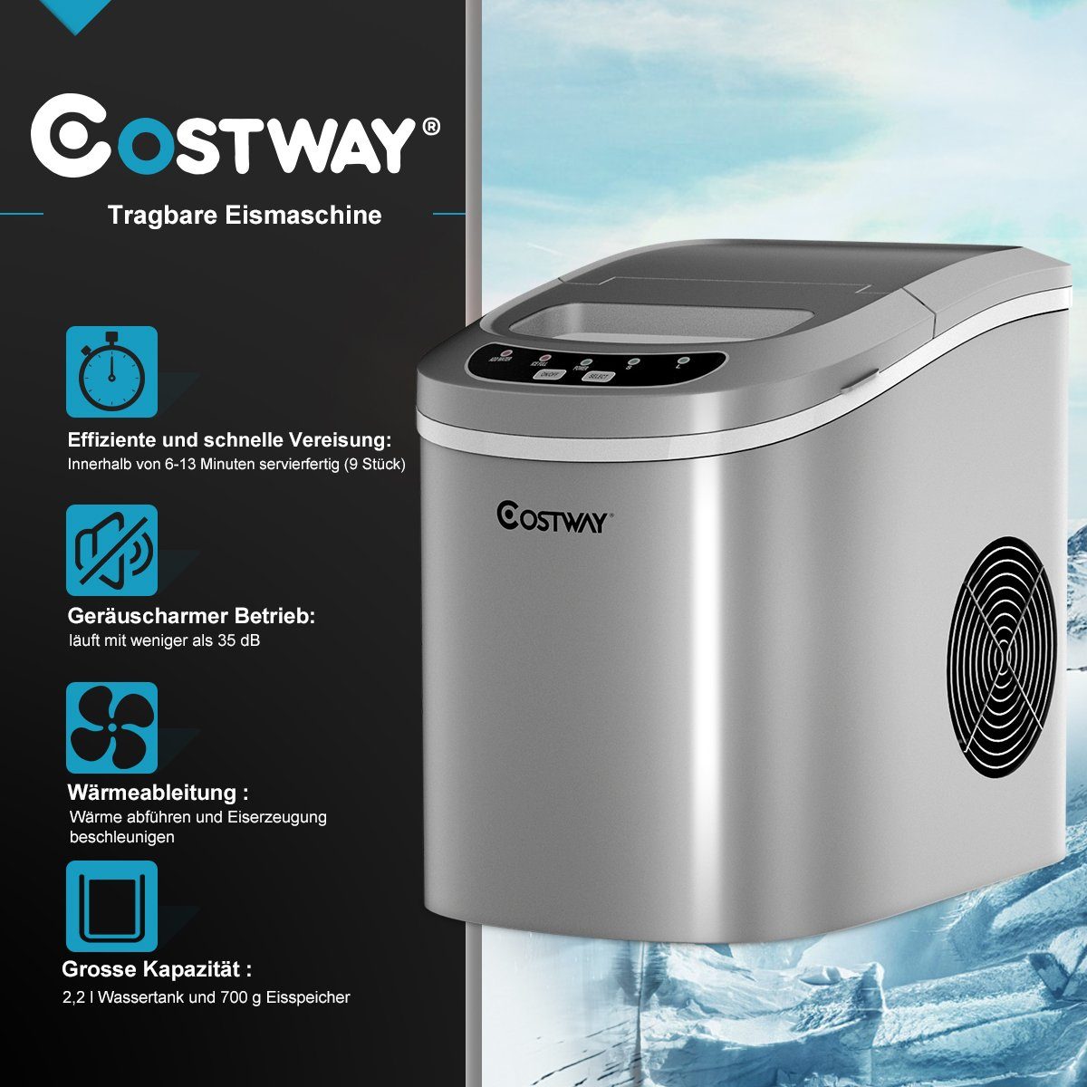 COSTWAY Eiswürfelmaschine, Eiswürfel in 6-13min, 12kg in 24H., 2 Größen