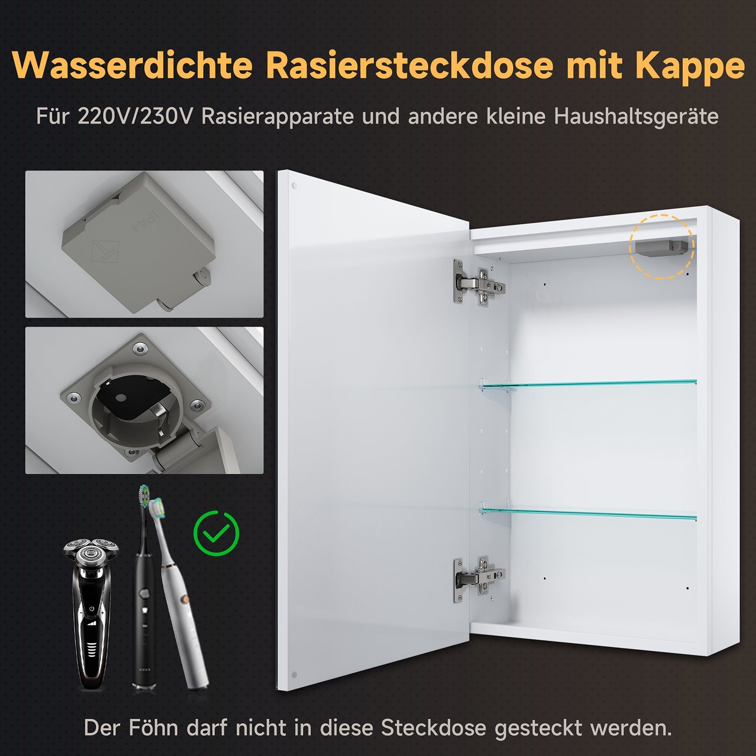 SONNI Badezimmerspiegelschrank Eintüriger dreifarbig beleuchteter Badspiegelschrank,380x600x140mm