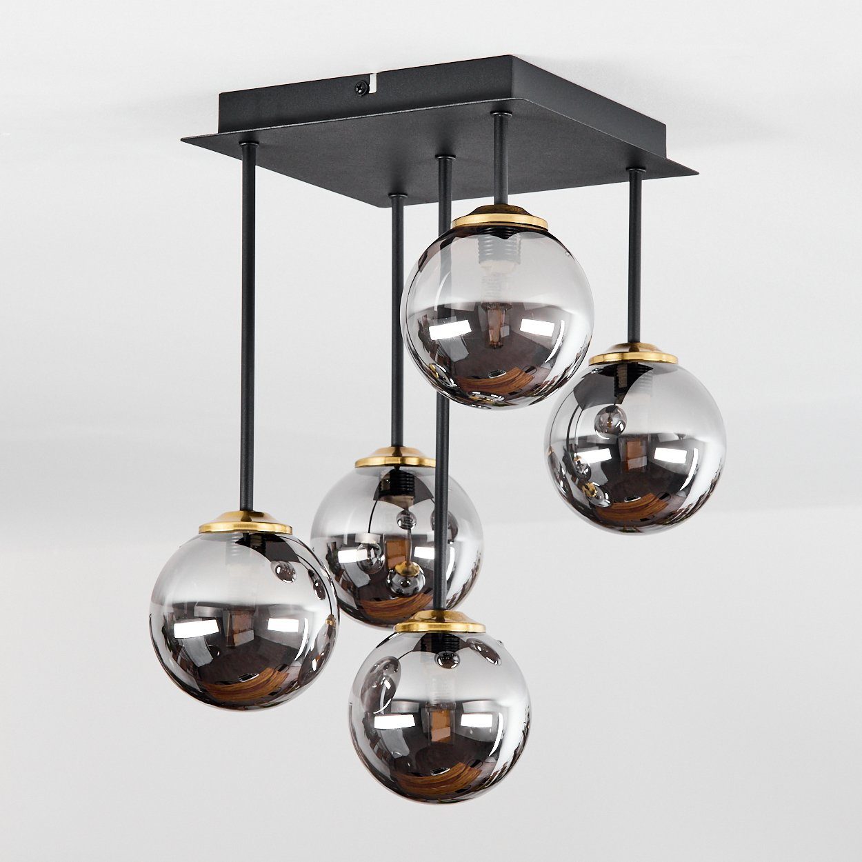 hofstein Deckenleuchte Isorella Deckenlampe aus Metall/Rauchglas in Schwarz/Messing/Chrom, ohne Leuchtmittel, Leuchte mit Kugelschirmen aus Glas, 5xG9