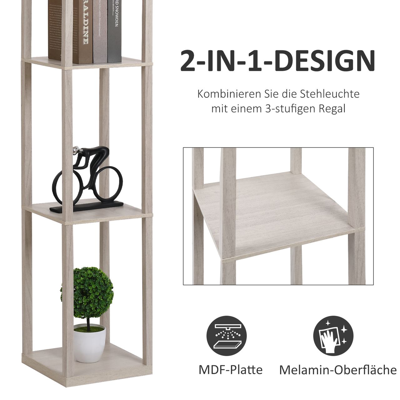 HOMCOM Stehleuchte Beleuchtung mit 3 Regalen E27 bis 40W E1-MDF Eiche Weiß