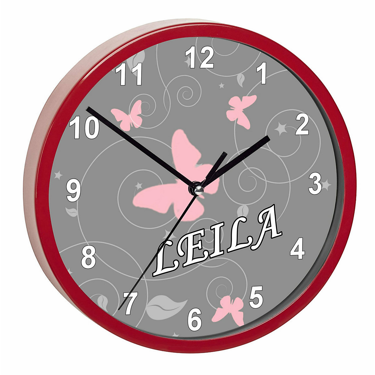 Kinder Wanduhr personalisiert mit Name Schmetterling Ornamente pink weiß grau
