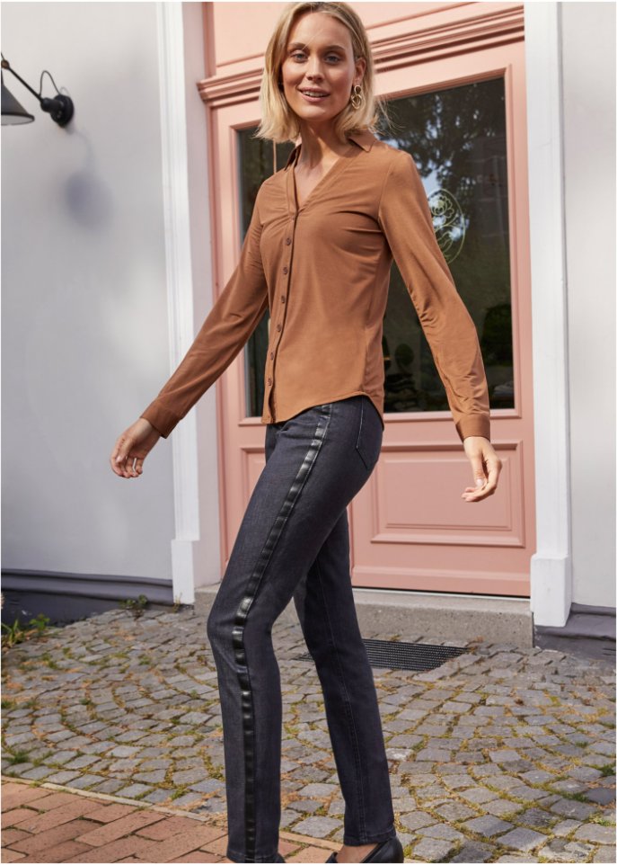Stretch-Jeans mit Lederimitateinsatz