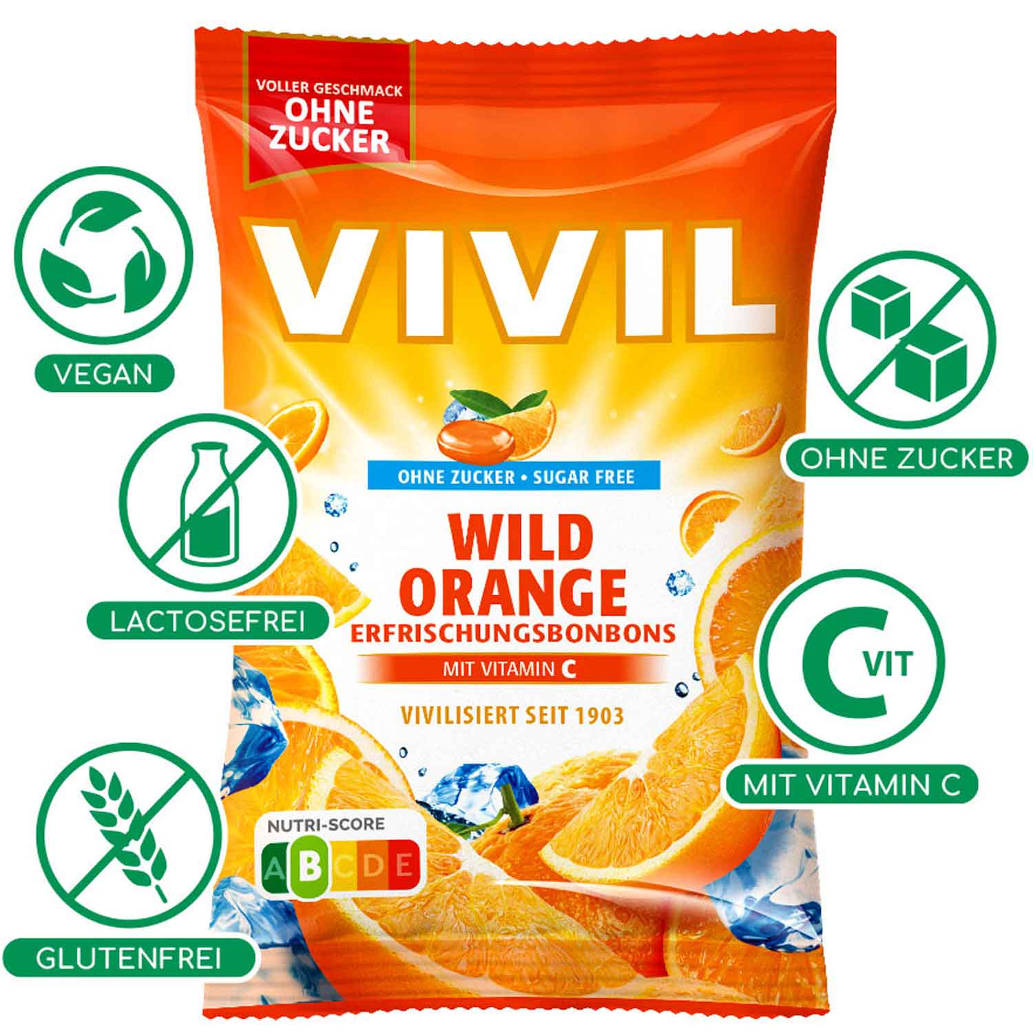 Vivil Erfrischungsbonbons Wild Orange ohne Zucker 120g
