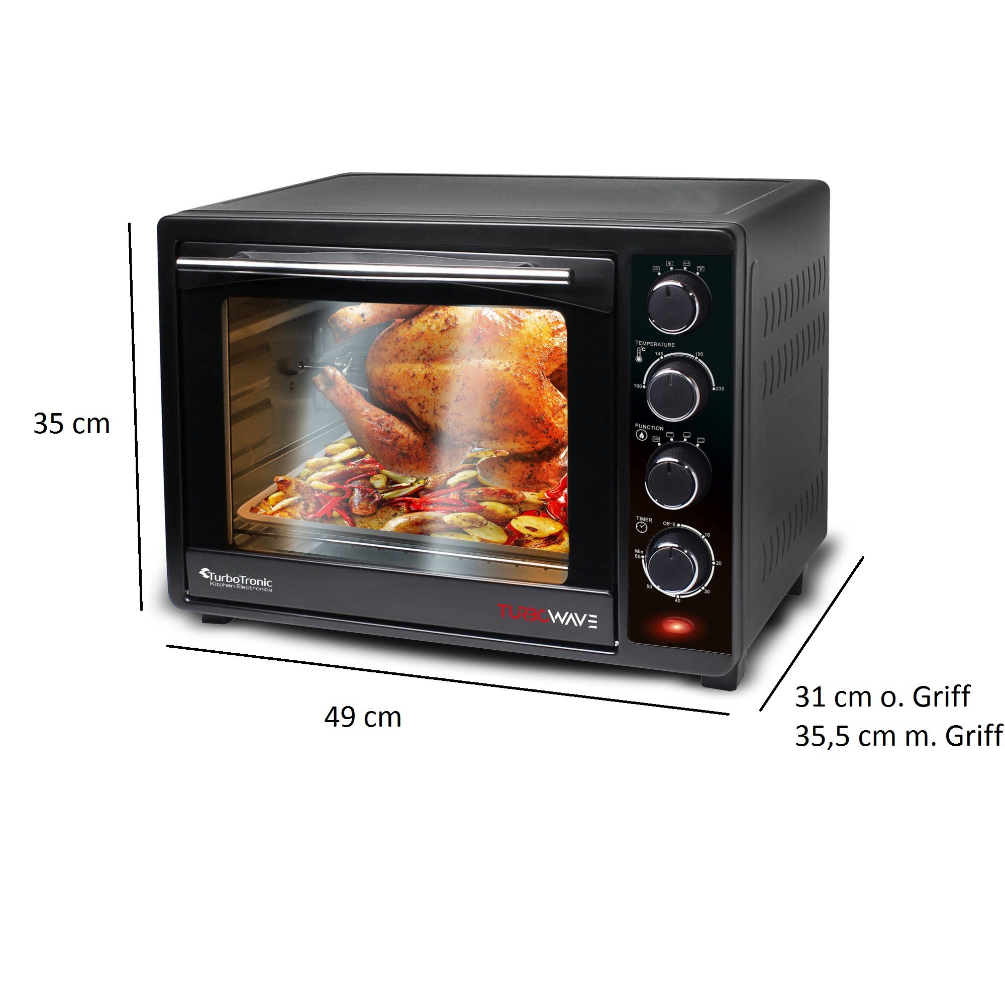 TurboTronic by Z-Line Minibackofen 35 Liter Schwarz, inkl. 1x Grillrost & 2x Backblech 1600W Camping, Pizzaofen 100-230°C Tischbackofen, mit Drehspieß