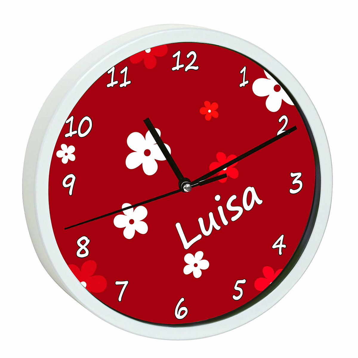 Kinder Wanduhr laufruhig personalisiert mit Name Blumen Rot