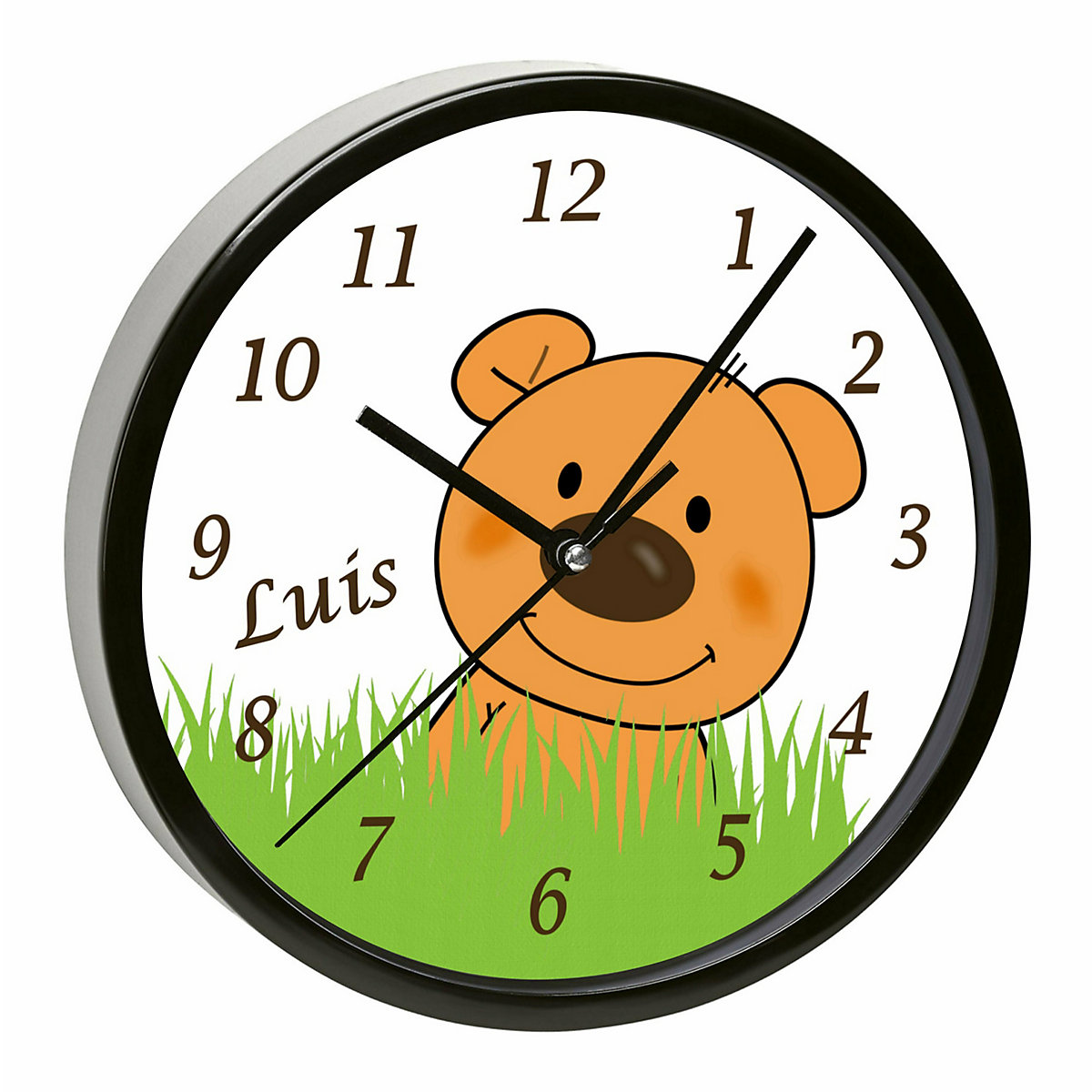 Kinder Wanduhr laufruhig personalisiert mit Name Teddy Bär-Graß