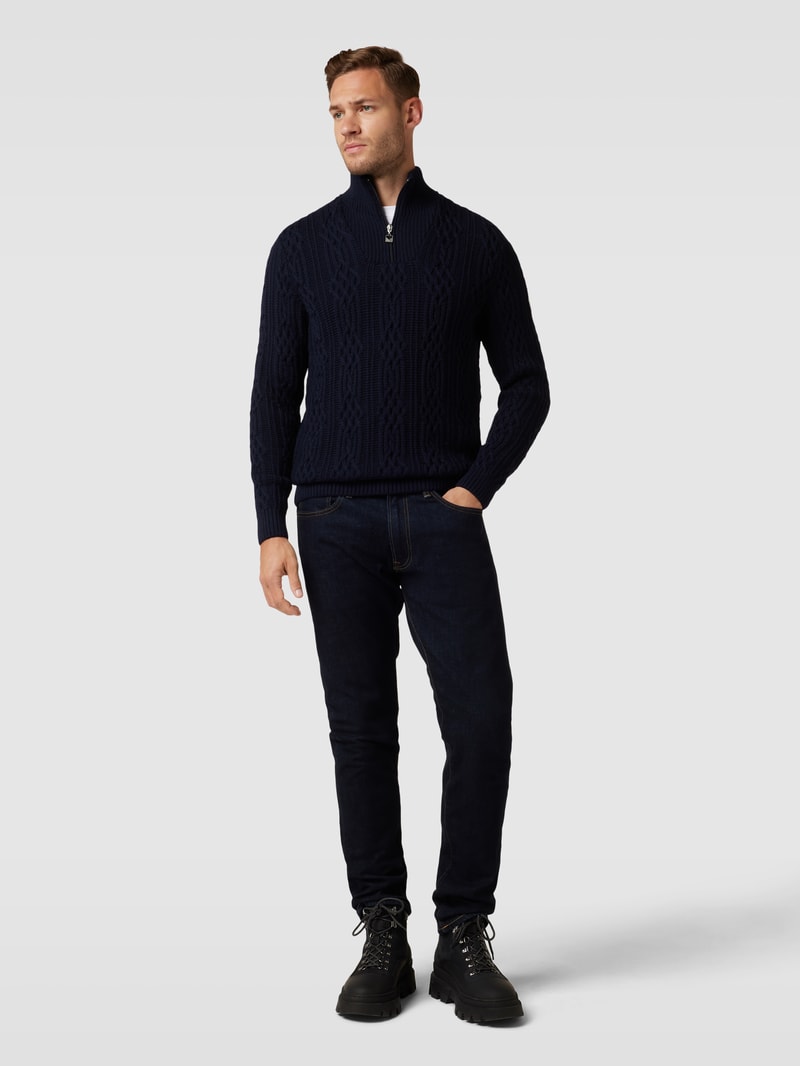 Strickpullover mit Zopfmuster Modell 'HOVEN' in marineblau