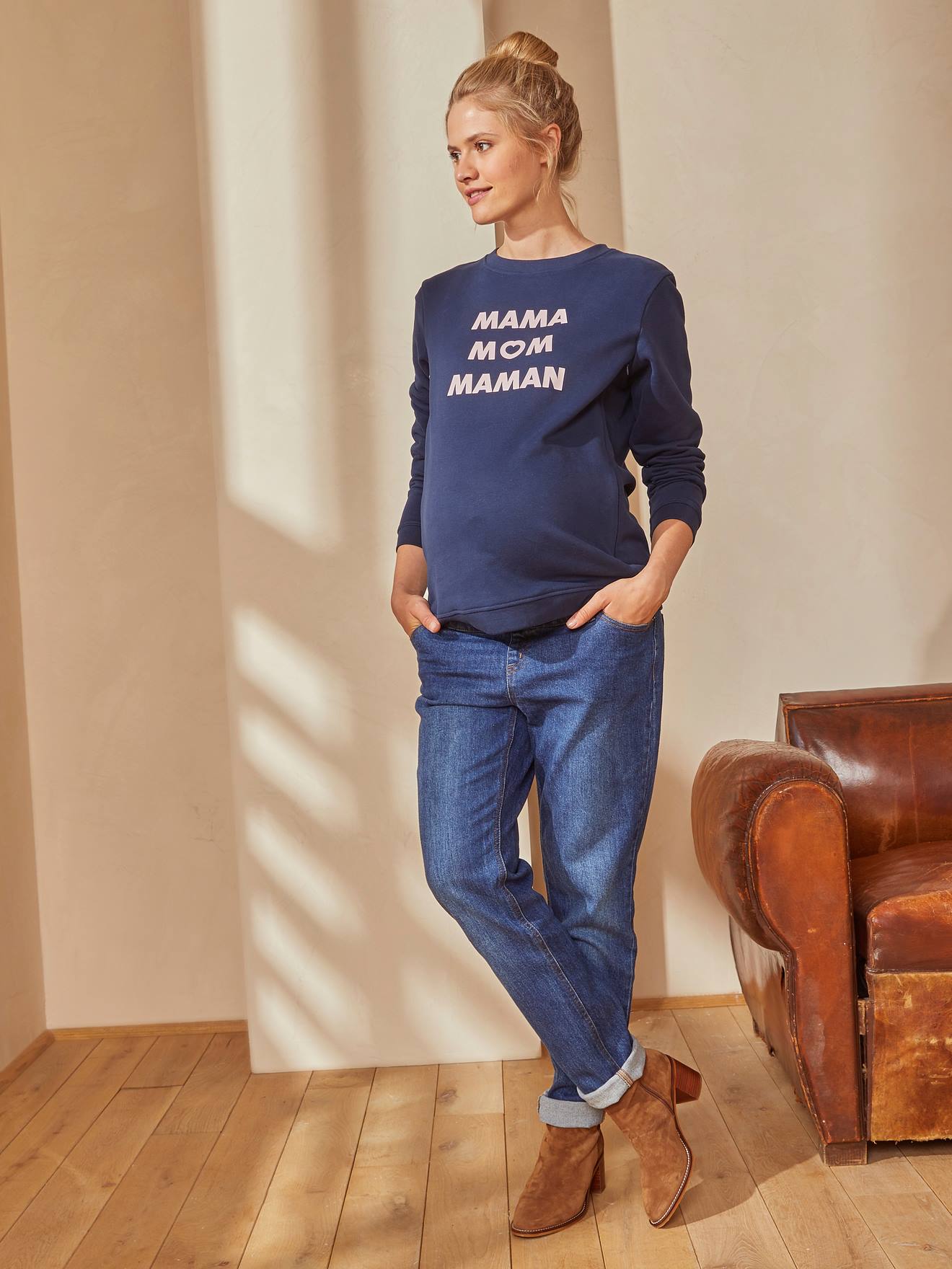 Vertbaudet Sweatshirt für Schwangerschaft & Stillzeit, Schriftzug Oeko-Tex - nachtblau