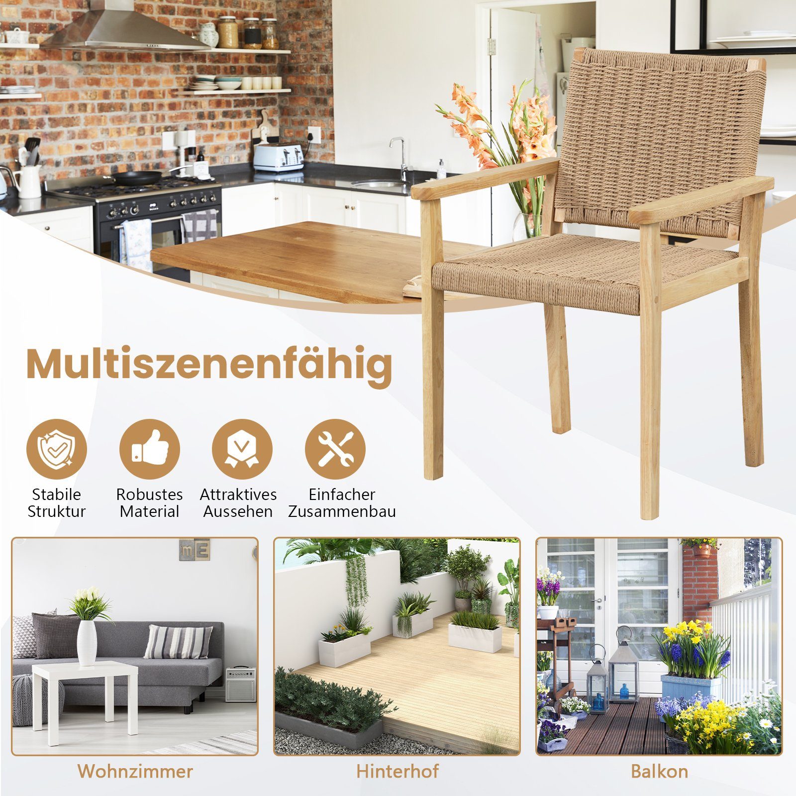 COSTWAY Gartenstuhl, Esszimmerstühle, 2er Set, mit Lehne, Holz, 180kg