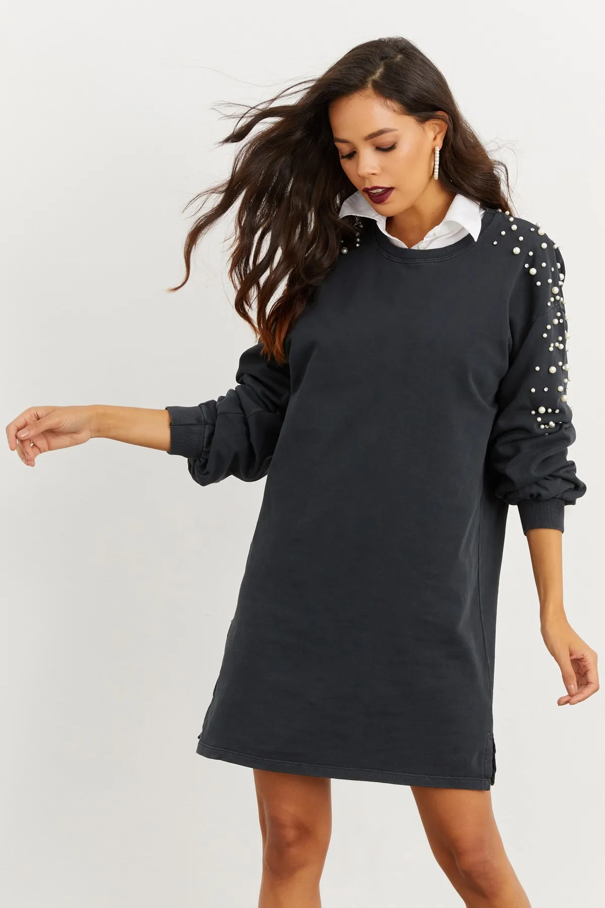 Cool & Sexy  Anthrazitfarbenes Perlen-Sweatkleid für Damen İZ5468