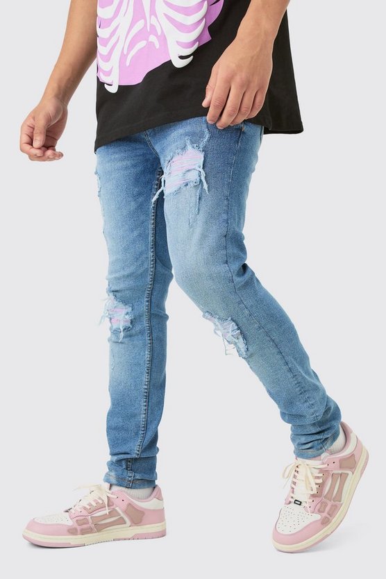 Lila Skinny Stretch PU Bikerjeans mit Rissen