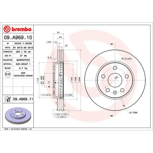 09.A969.11 BREMSSCHEIBE BREMBO VA  VP1 - ATU
