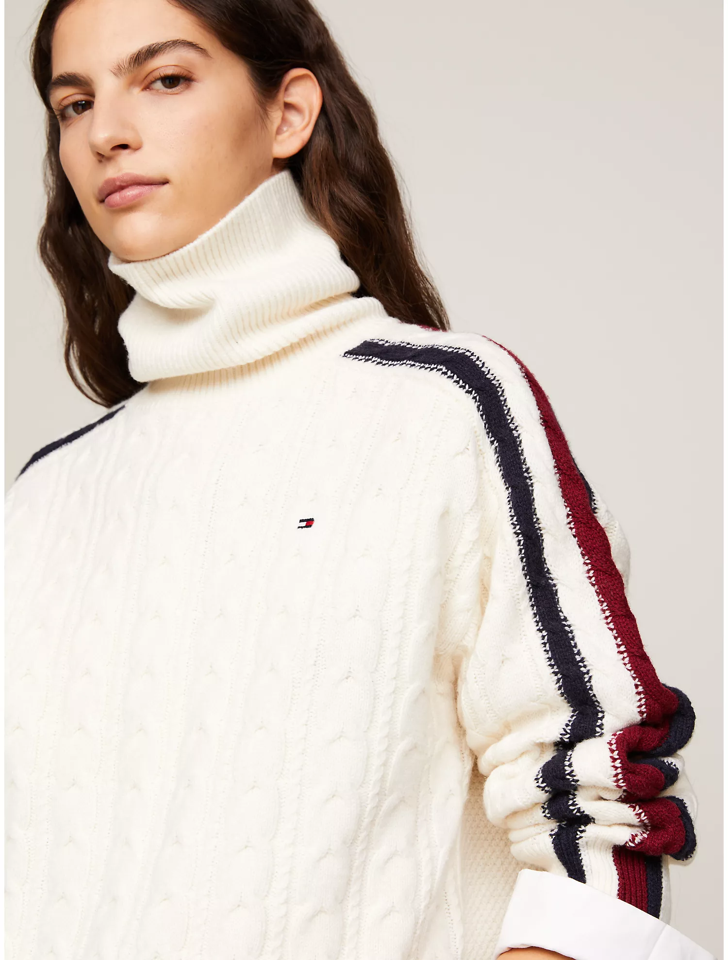 Stripe Cable Knit Turtleneck Sweater