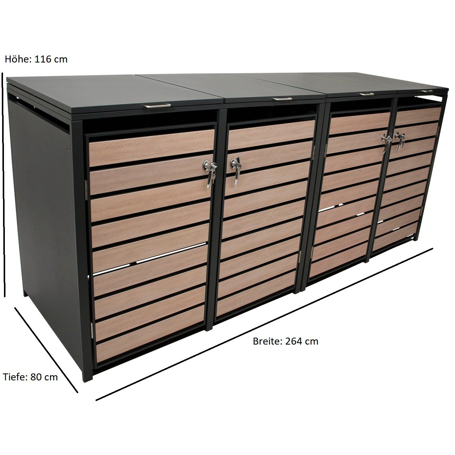 DEGAMO Mülltonnenbox BERLIN (1 St), Stahl grau, Türen in Holzoptik, für 4 Tonnen 120 oder 240 Liter