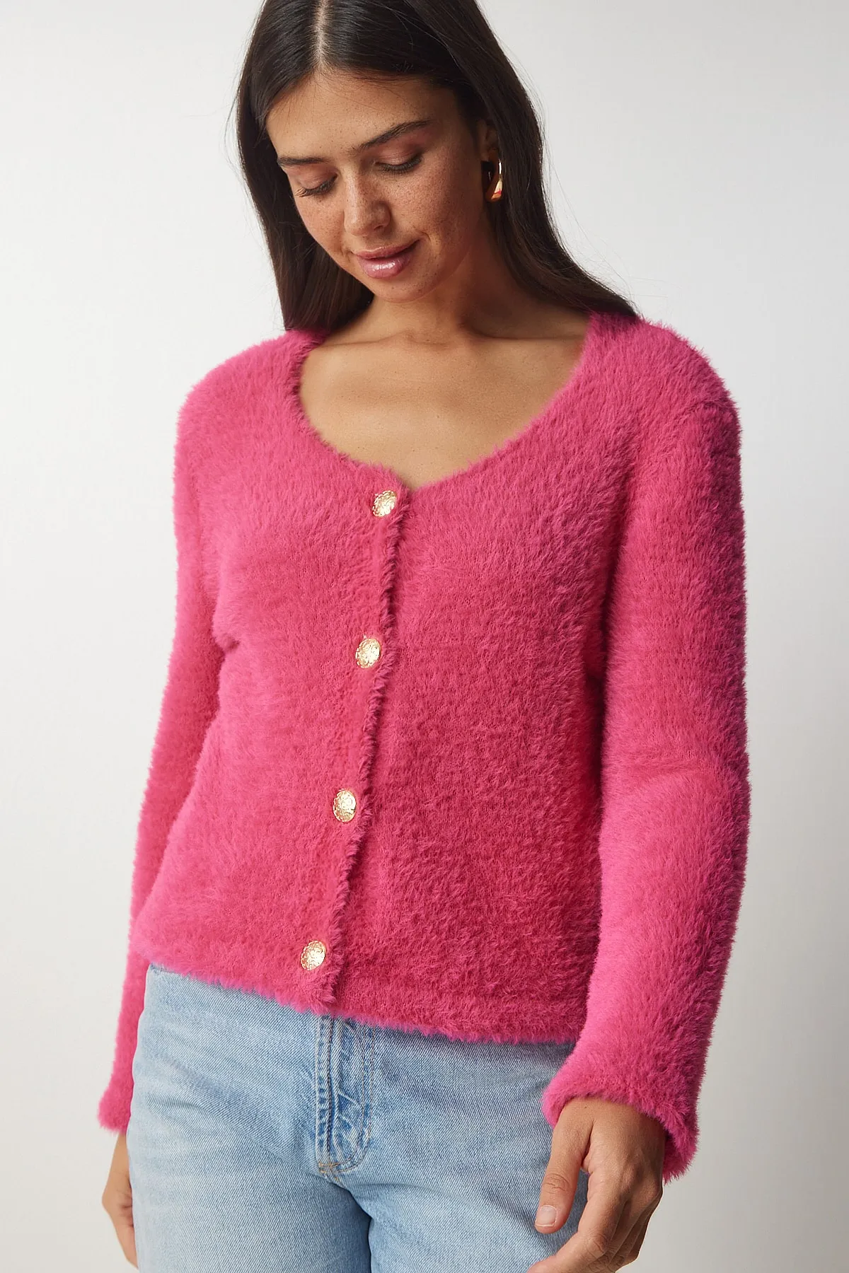 Happiness İstanbul  Rosafarbene, weiche Strickjacke mit Bärtchen für Damen NF00067
