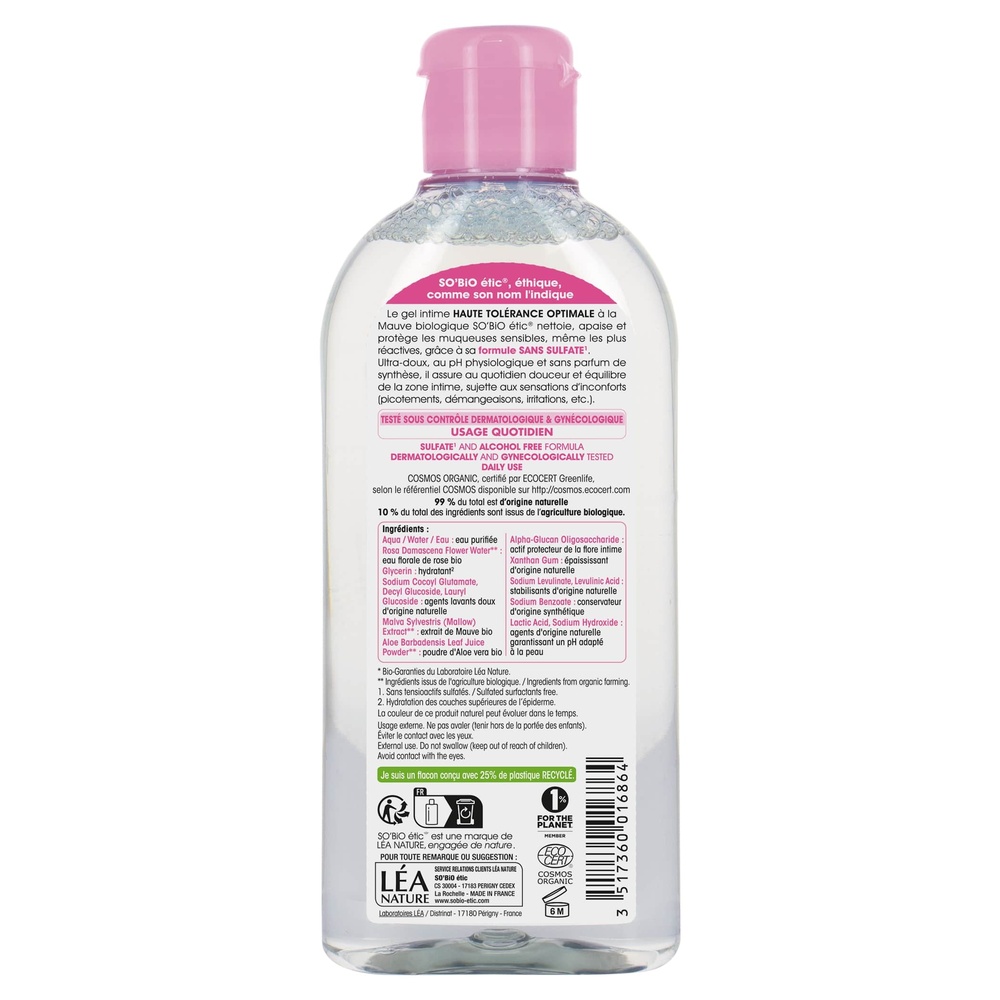 LÉA NATURE SO BiO étic Gel intime haute tolérance optimale, mauve bio, apaise Gel intime