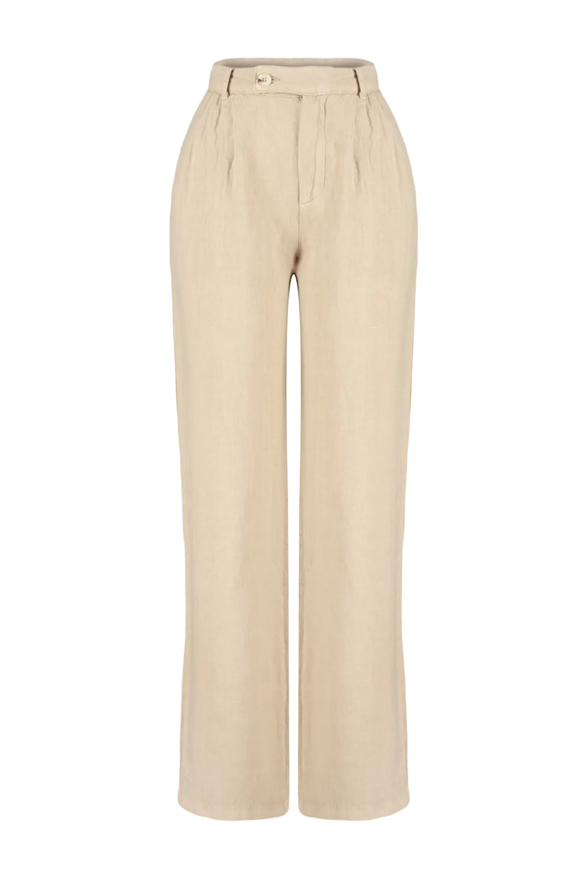 Trendyol Collection  Beigefarbene Plissierte Hose aus 100 % Leinen mit hoher Taille und weitem Bein TWOSS24JE00245