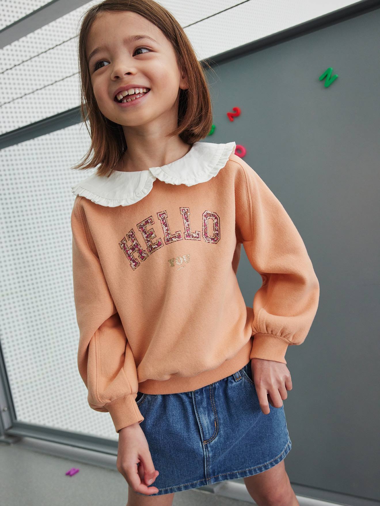 Sweat romantique col Claudine fille marine