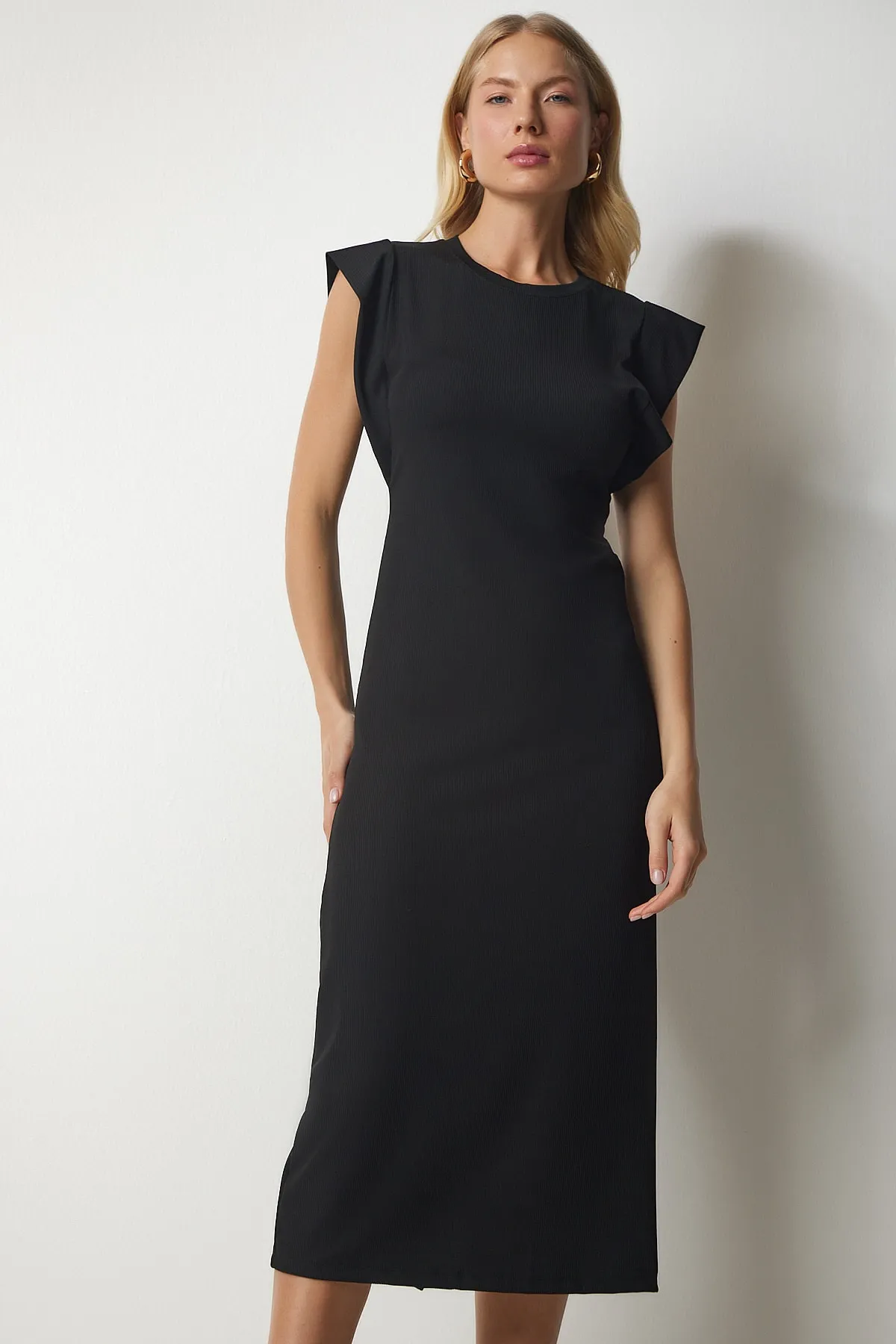 Happiness İstanbul  Schwarzes ärmelloses Cord-Bleistiftkleid für Damen MC00217