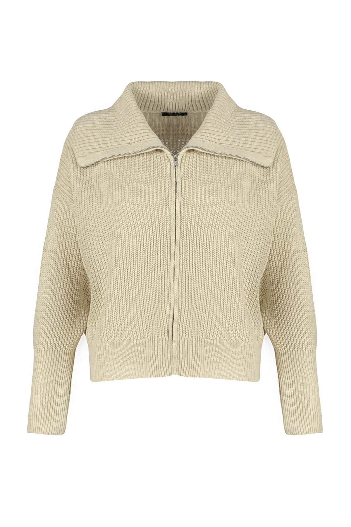 Trendyol Collection  Steinfarbener Strick-Cardigan mit Degaje-Kragen und Reißverschluss TWOAW24HI00072
