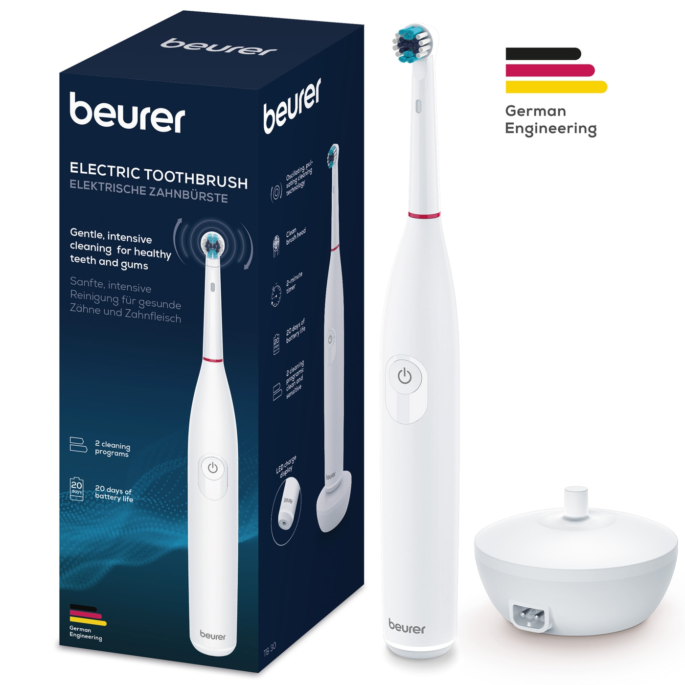 Beurer Elektrische Zahnbürste TB 30-2 individuelle Reinigungsprogramme und integrierter 2-Minuten-Timer für perfekte Reinigung
